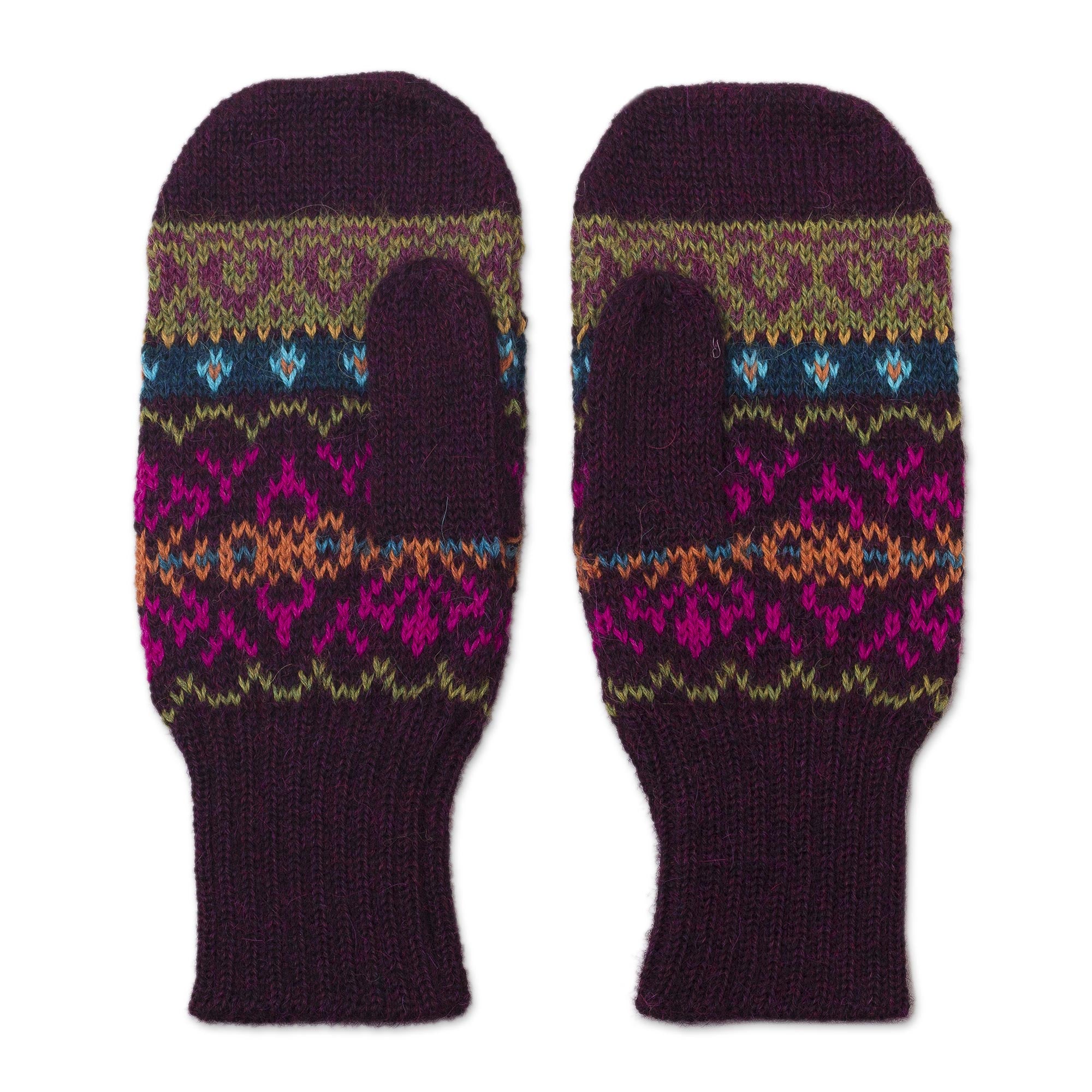 Inca Aubergine Dark Purple and Multicolored 100% Alpaca Mittens