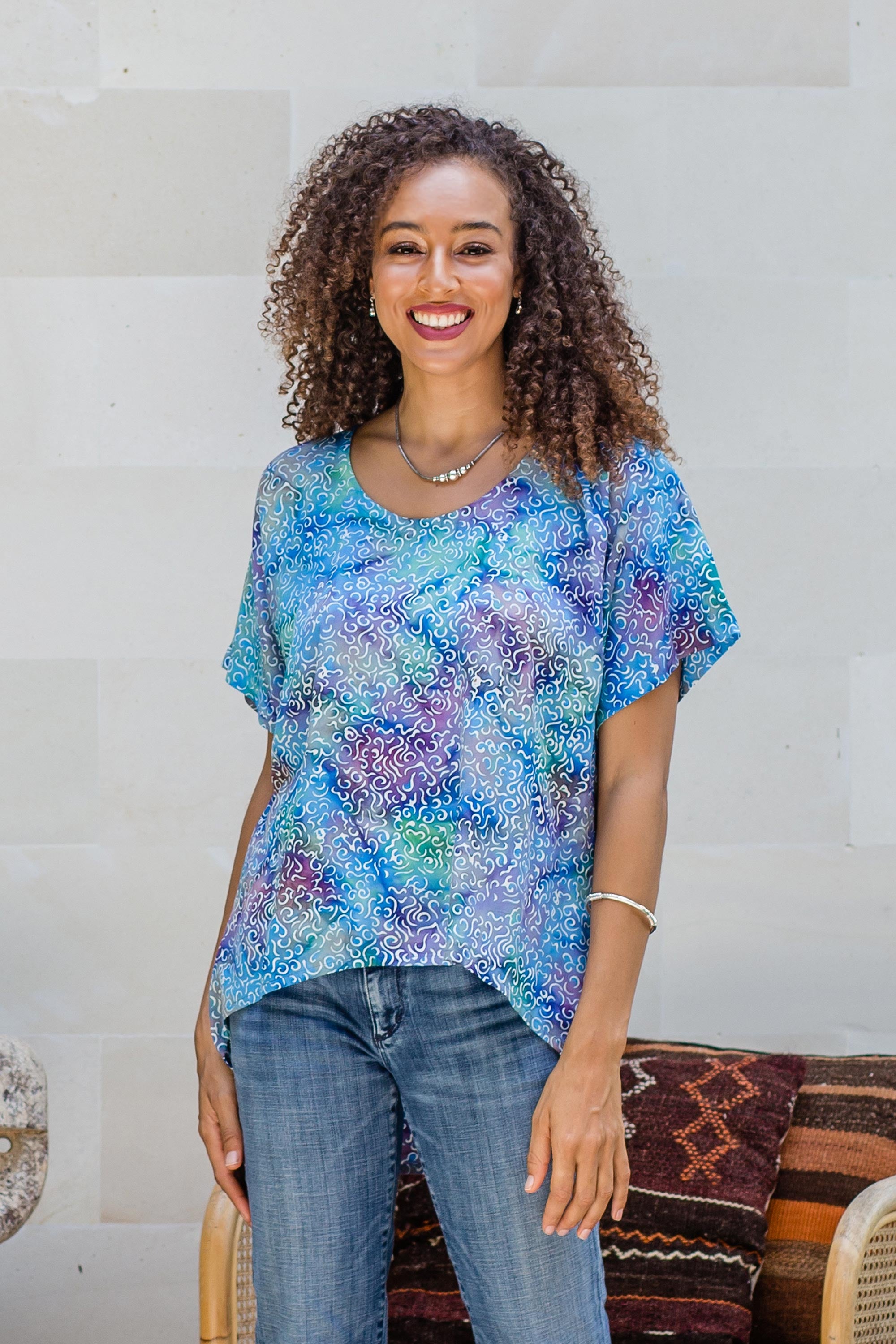 Rainbow Seascape Rayon Hi-Low Sidetail Multicolor Batik Blouse