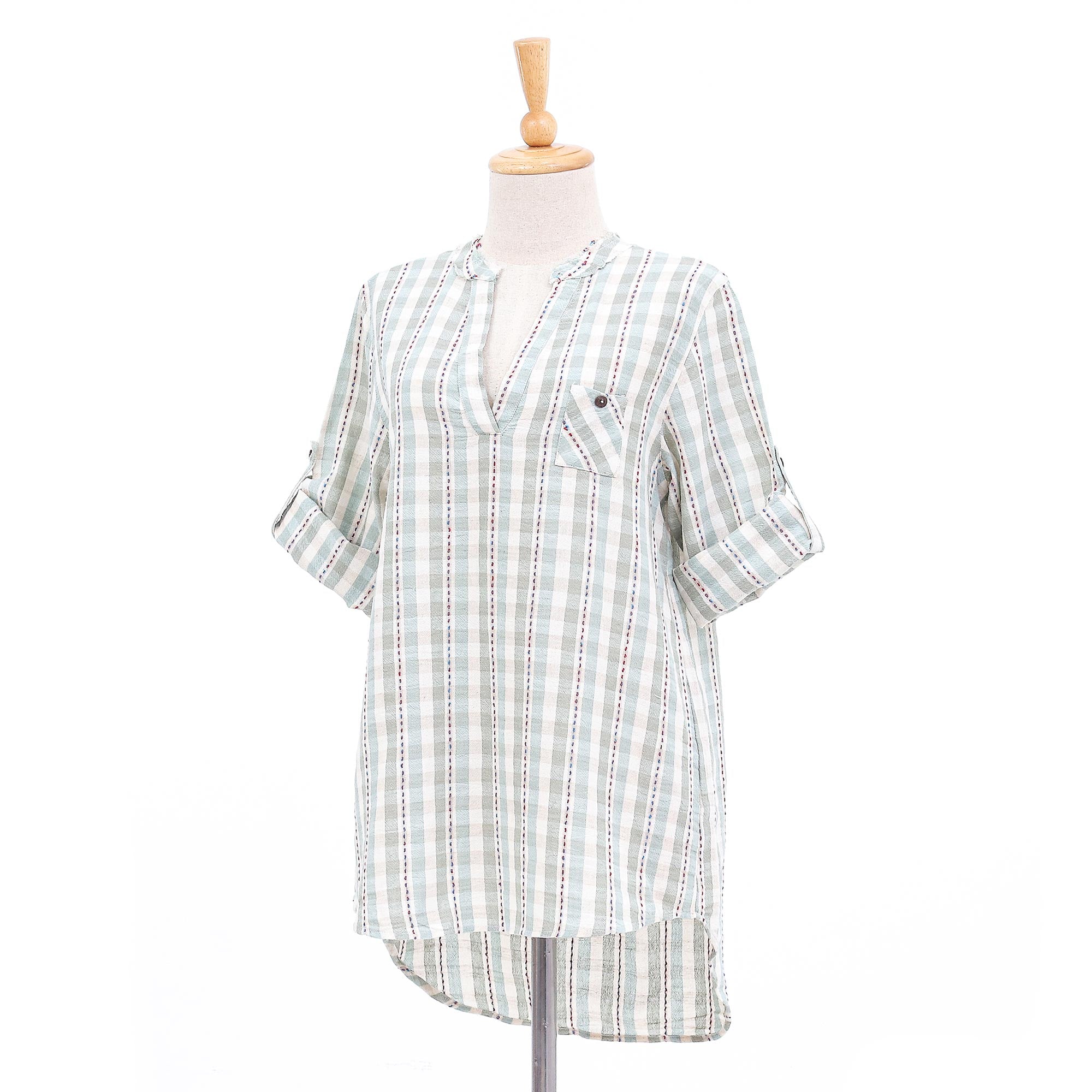 Mae Ping Breeze Green Striped Cotton Blouse