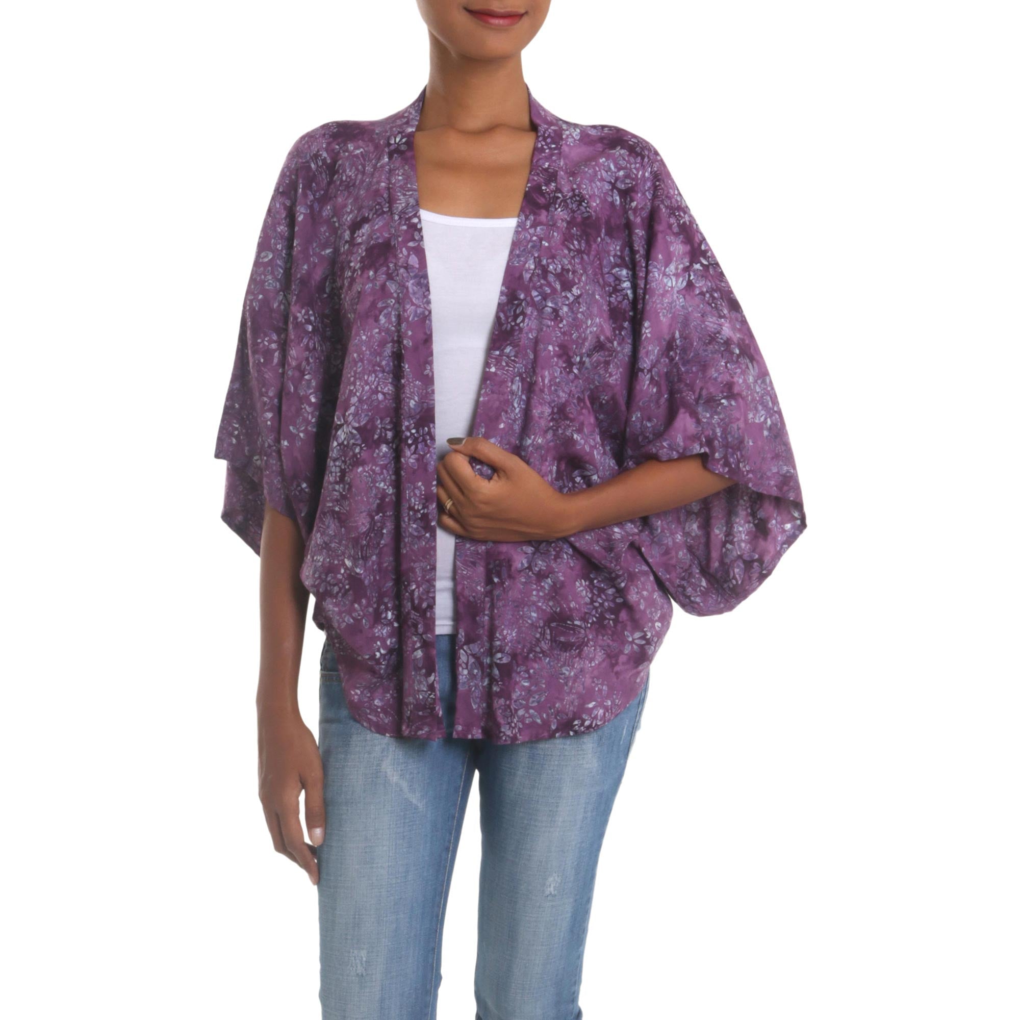 Lavish Garden in Boysenberry Purple Batik Short Rayon Kimono Jacket