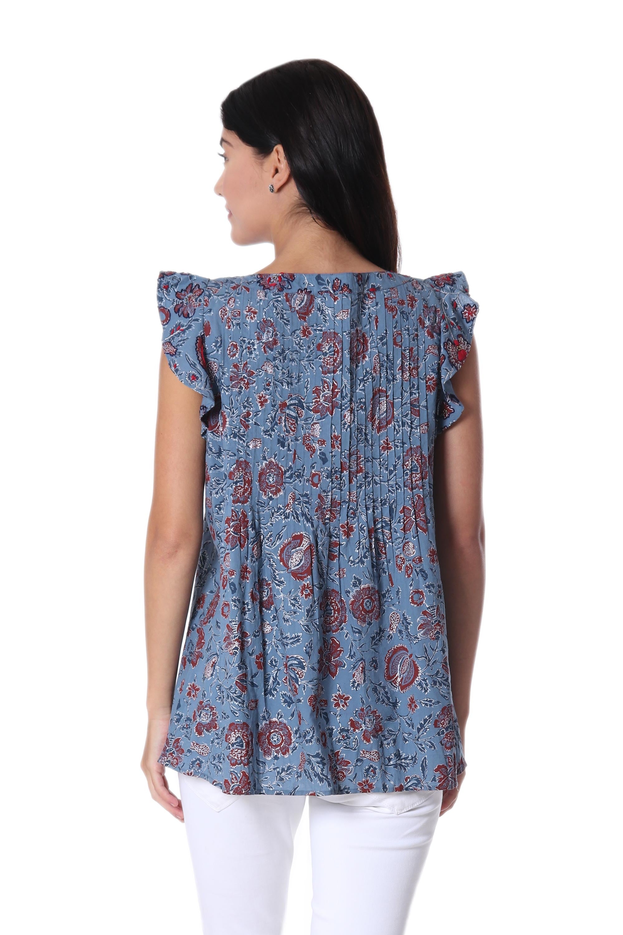 Garden Bliss Floral Printed Cotton Blouse in Cerulean from India