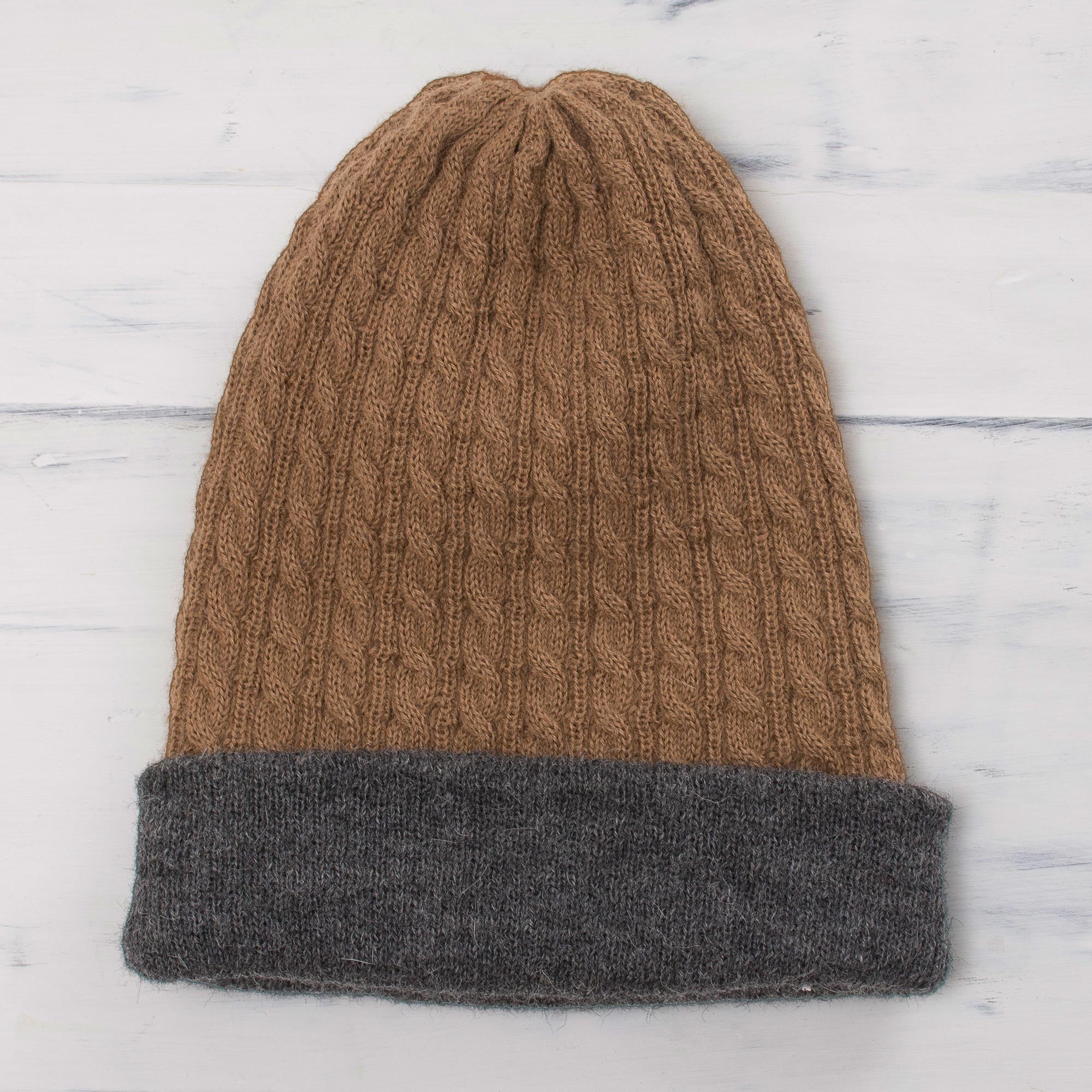 The Bells of Huancayo Men's Reversible Grey and Brown Alpaca Blend Hat from Peru