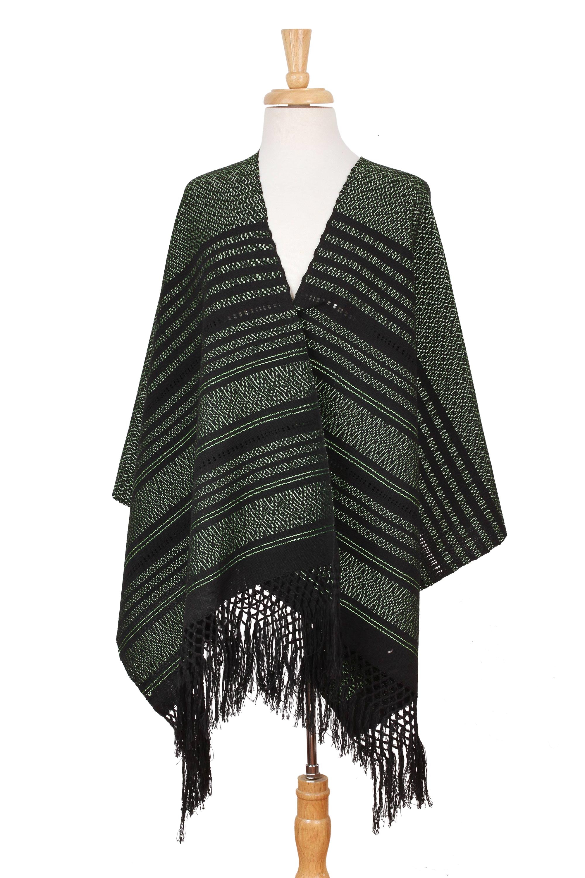 Evening Drama Green on Black Handwoven Fringed Mexican Rebozo Shawl