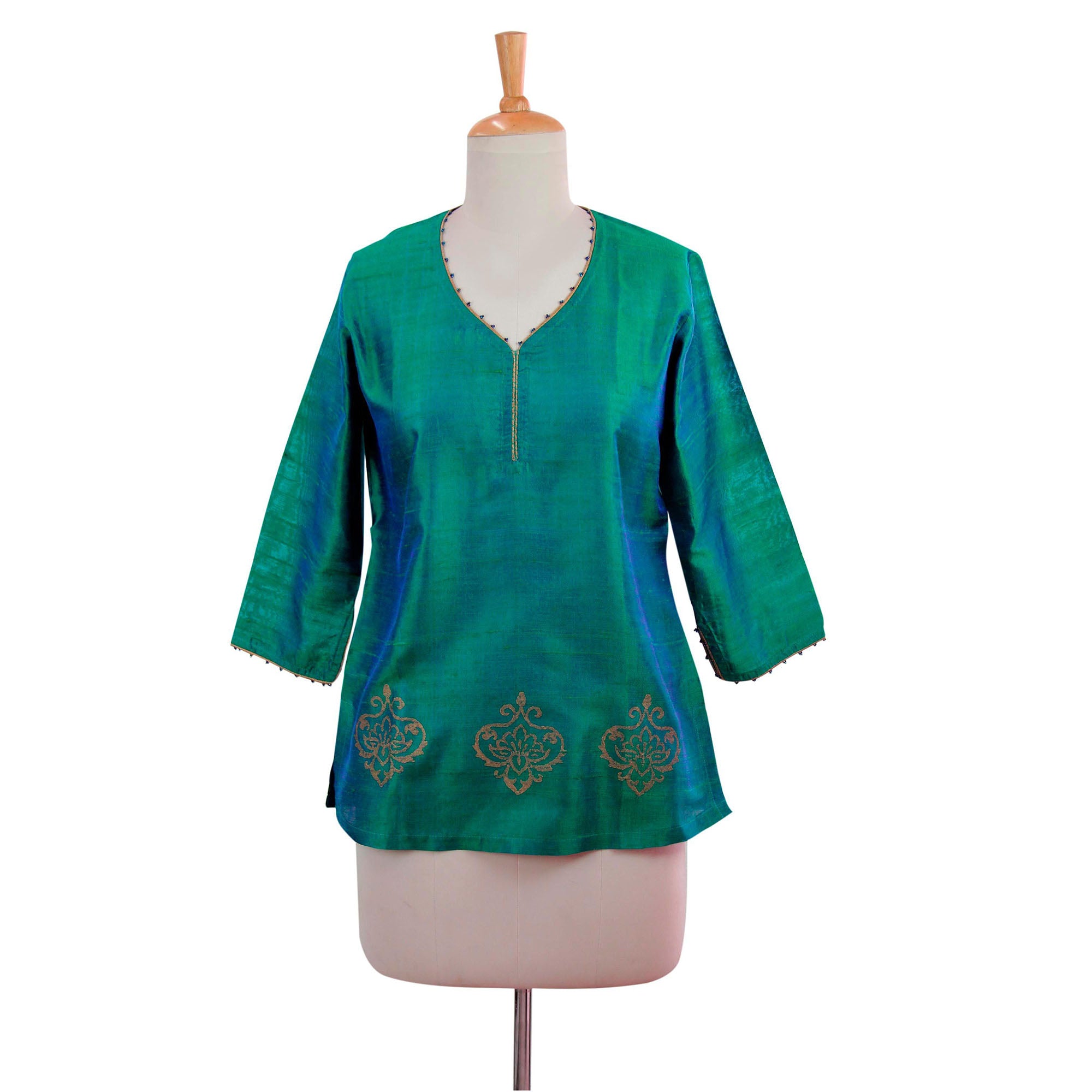 Emerald Empress Blue & Green Beaded Silk Tunic