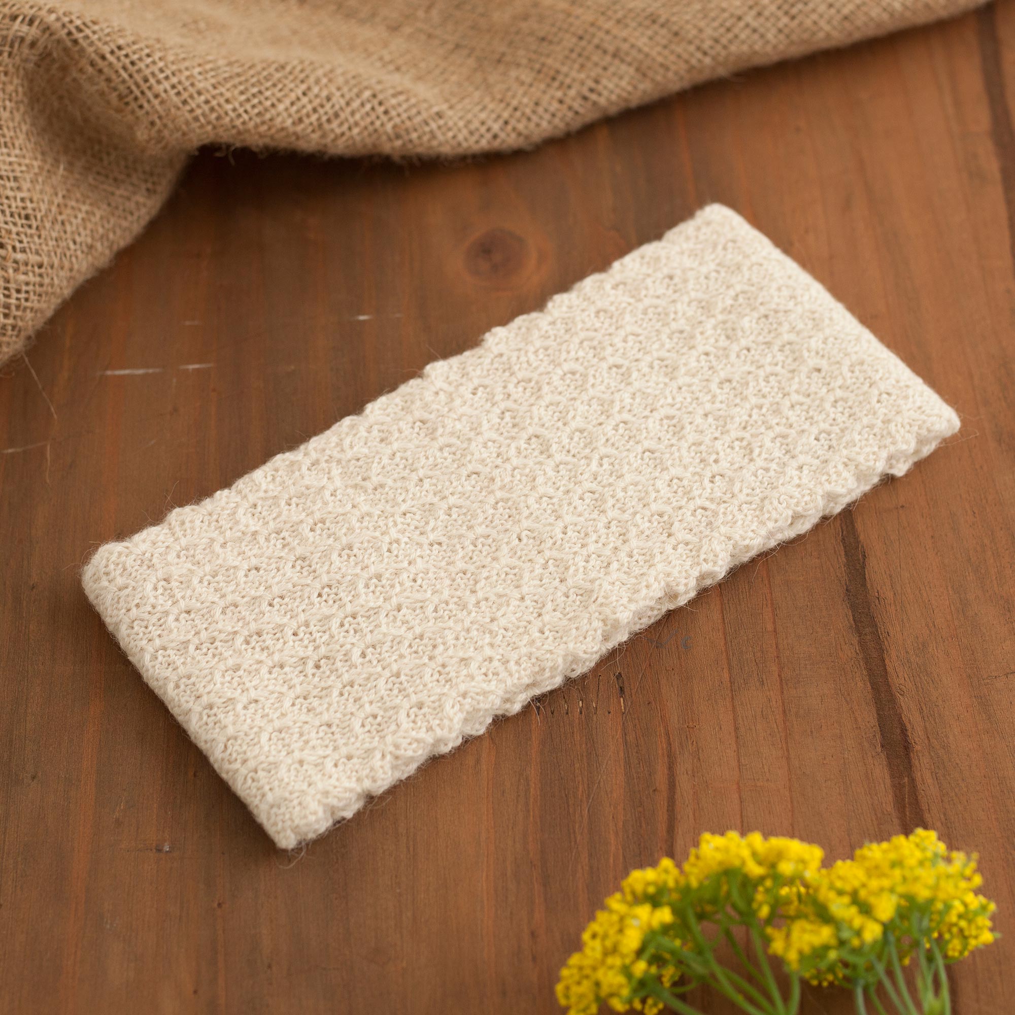 Wavelength in Alabaster Off-White 100% Baby Alpaca Honeycomb Pattern Knit Headband