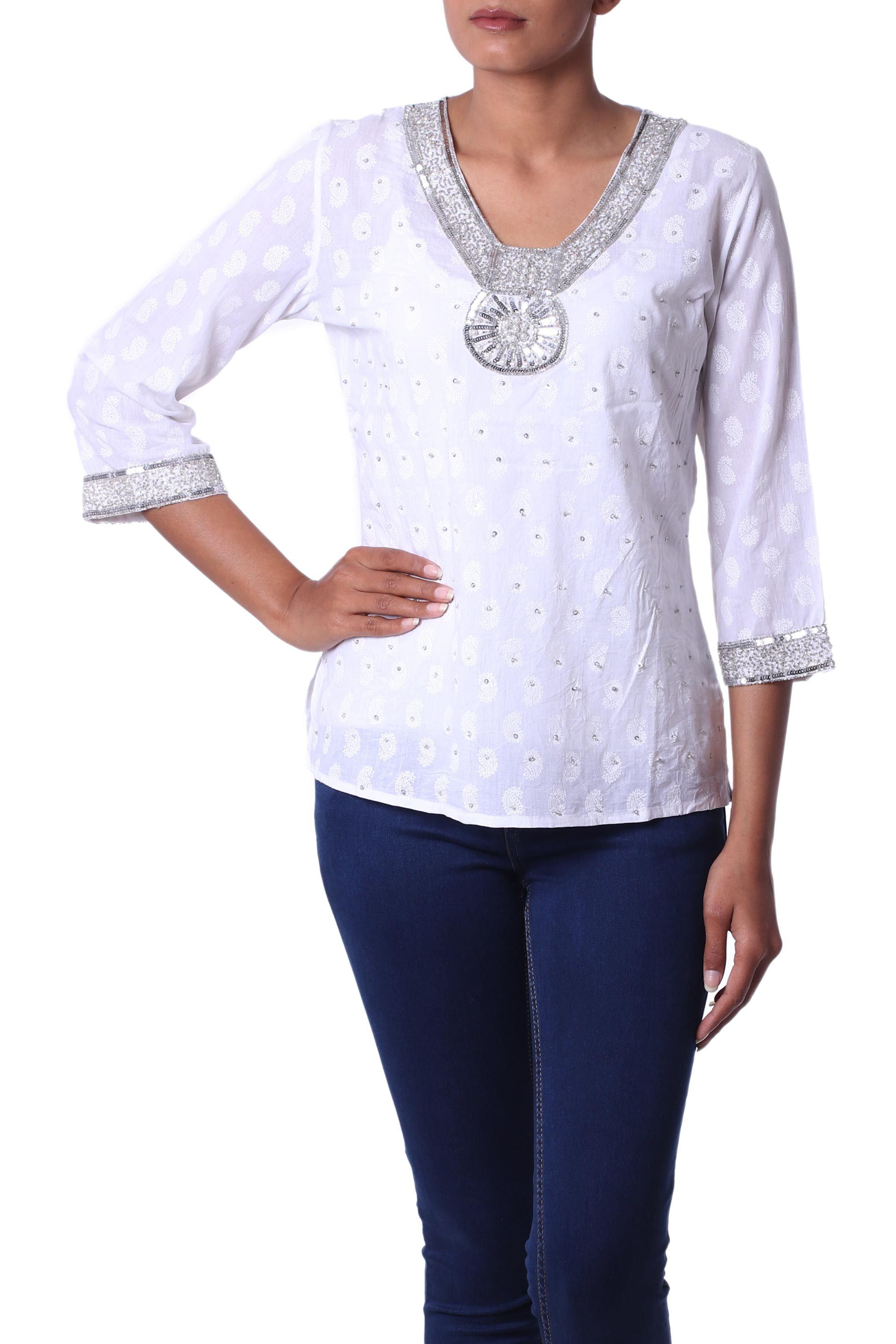 Dazzling White Cotton Beaded Blouse