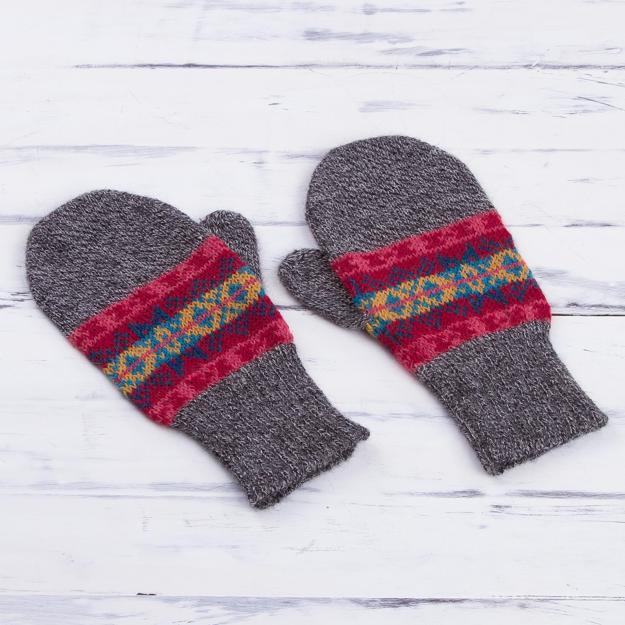 Multicolored Inca Multicolored Knit 100% Alpaca Mittens from Peru