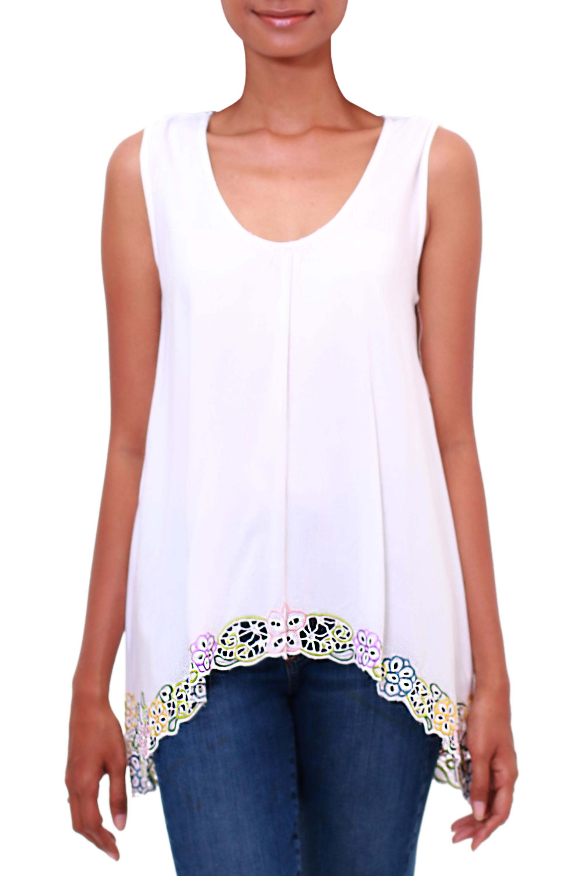 Flower Colors in White Floral Embroidered Rayon Blouse in White from Bali