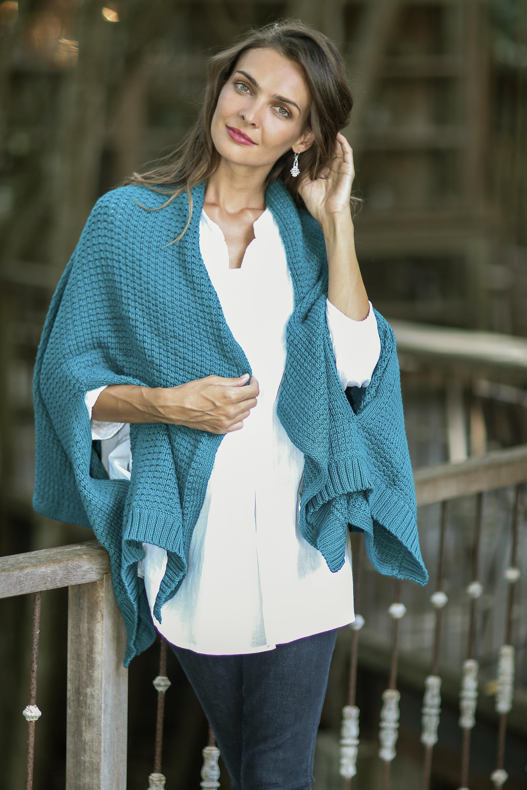 Chic Warmth in Teal Patterned Knit Cotton Shawl in Teal from Thailand