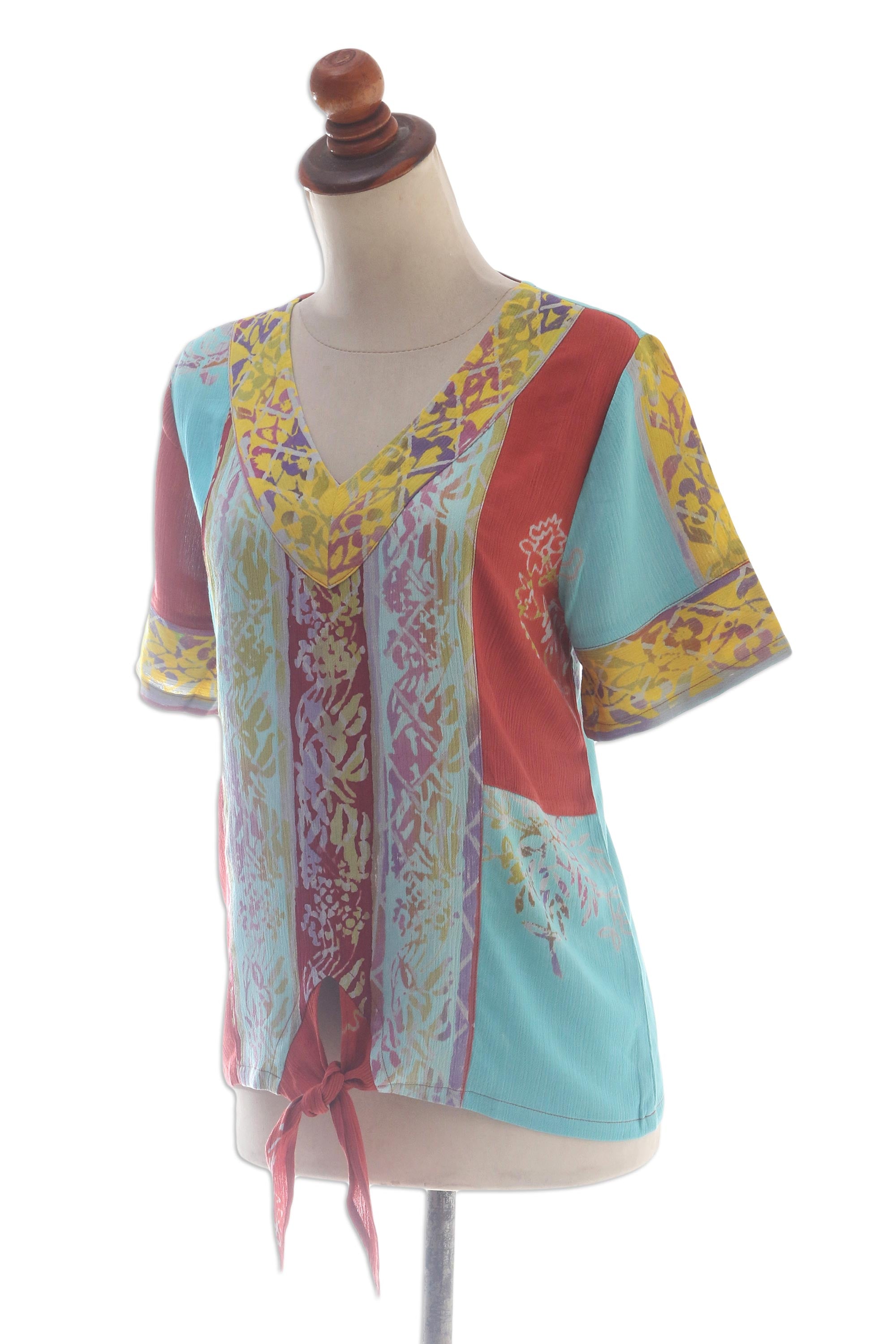 Bali Rainbow Tie-Front Short-Sleeved Rayon Blouse