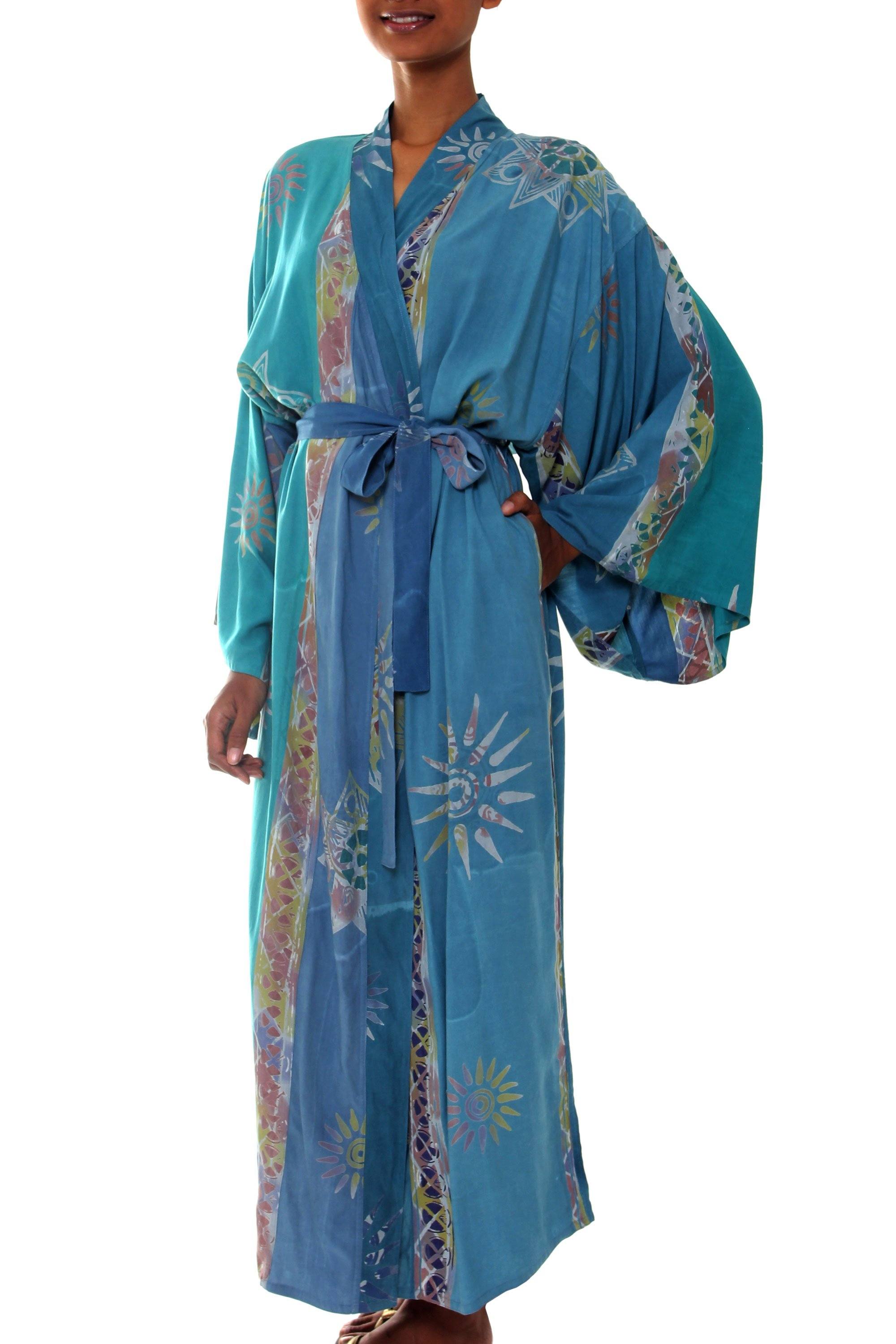 Women's Floral Teal Batik Lightweight Robe