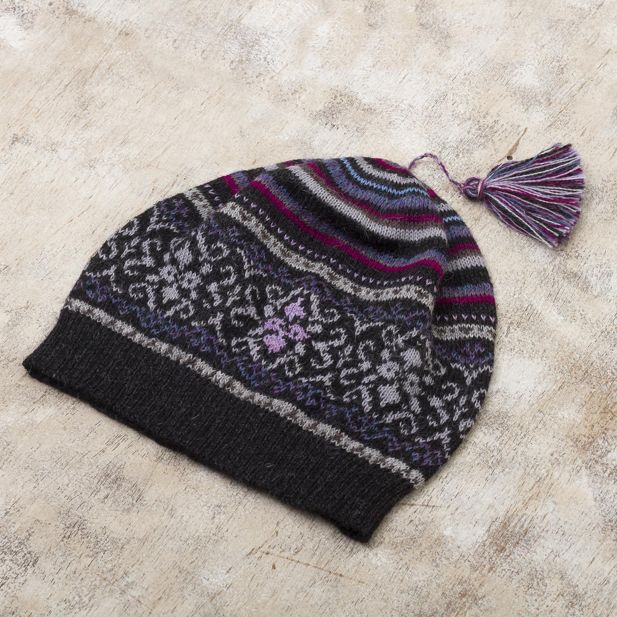 Sierra Charcoal Tasseled 100% Alpaca Knit Hat in Charcoal