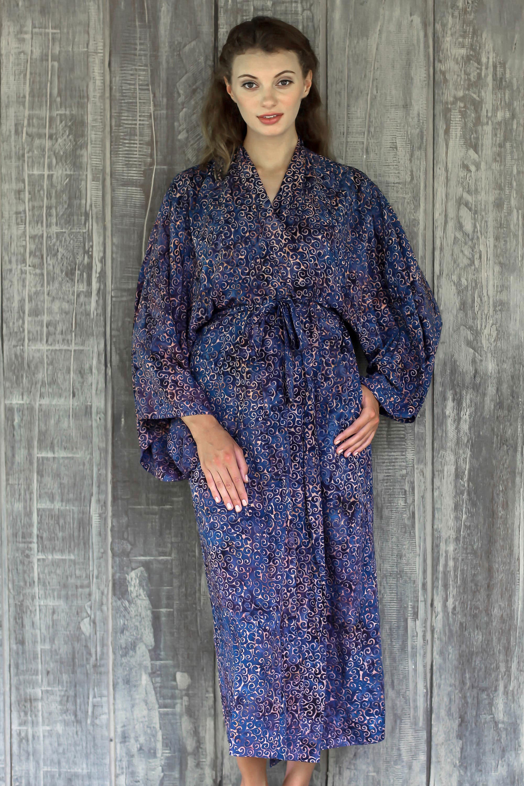 Bewildering Maze Handcrafted Blue & Peach Batik Rayon Robe from Indonesia