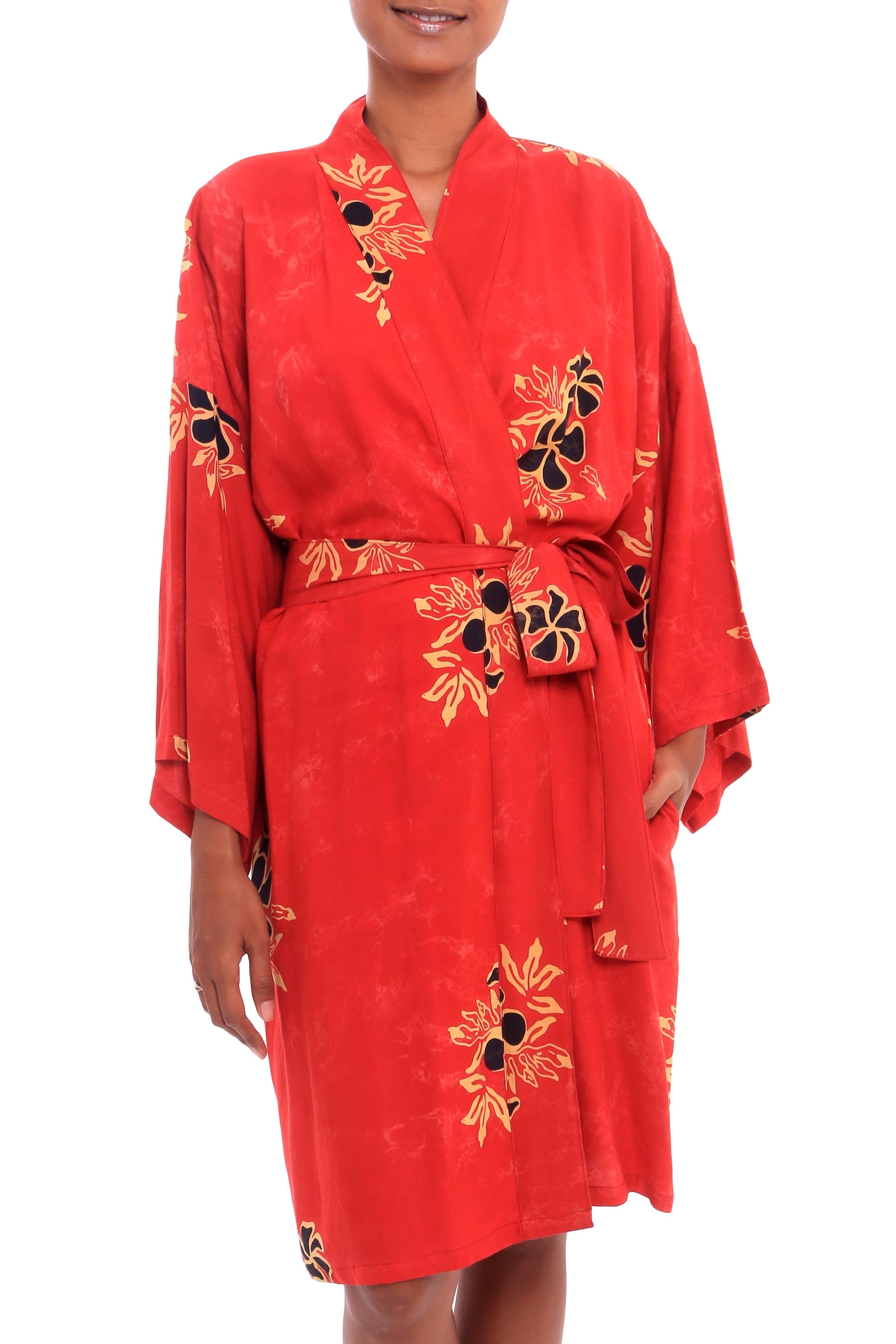 Crimson Floral Crimson Rayon Robe with Black Floral Motifs from Bali