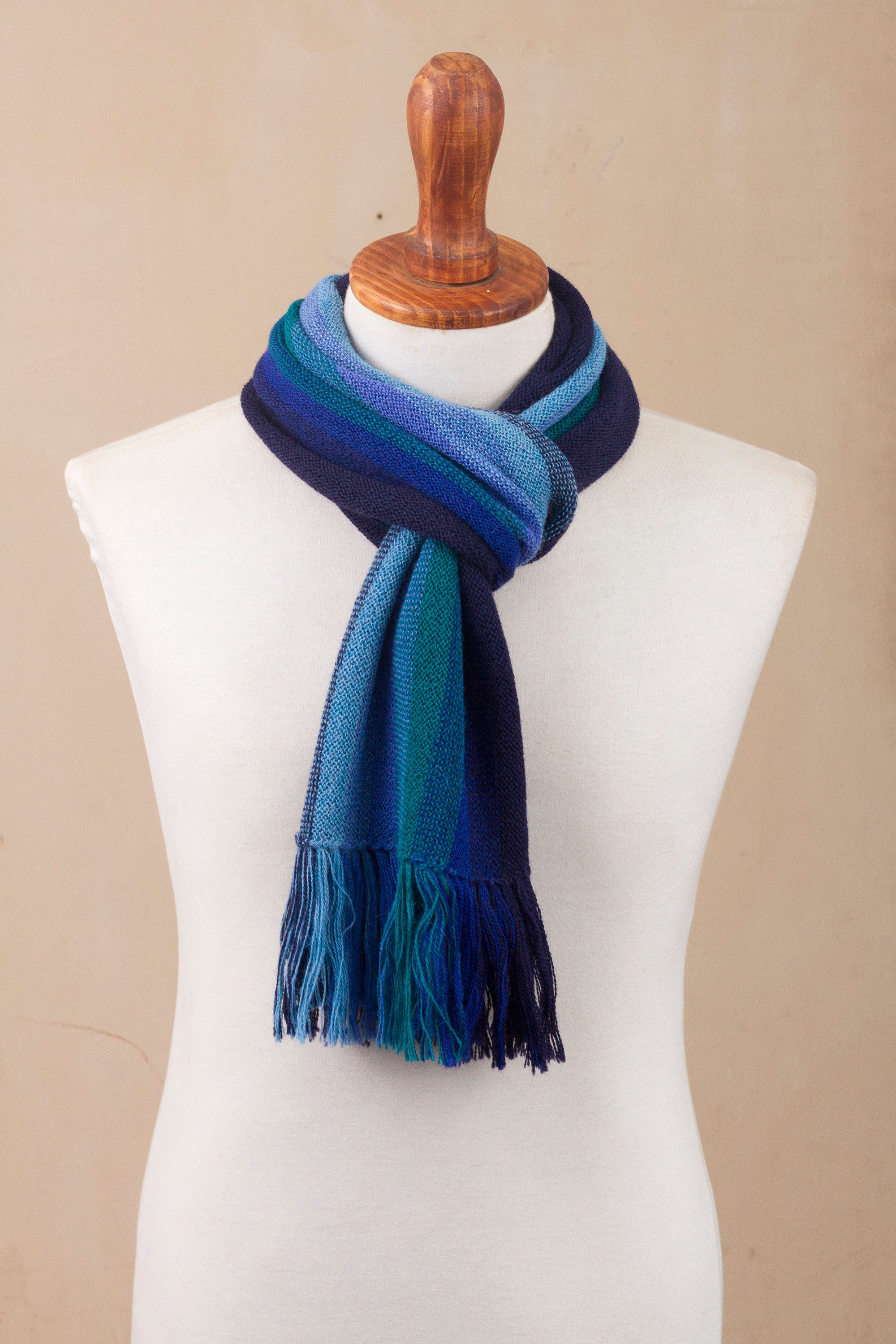 Evening Sky Stripes Multicolor Blue and Teal Striped 100% Alpaca Knit Scarf