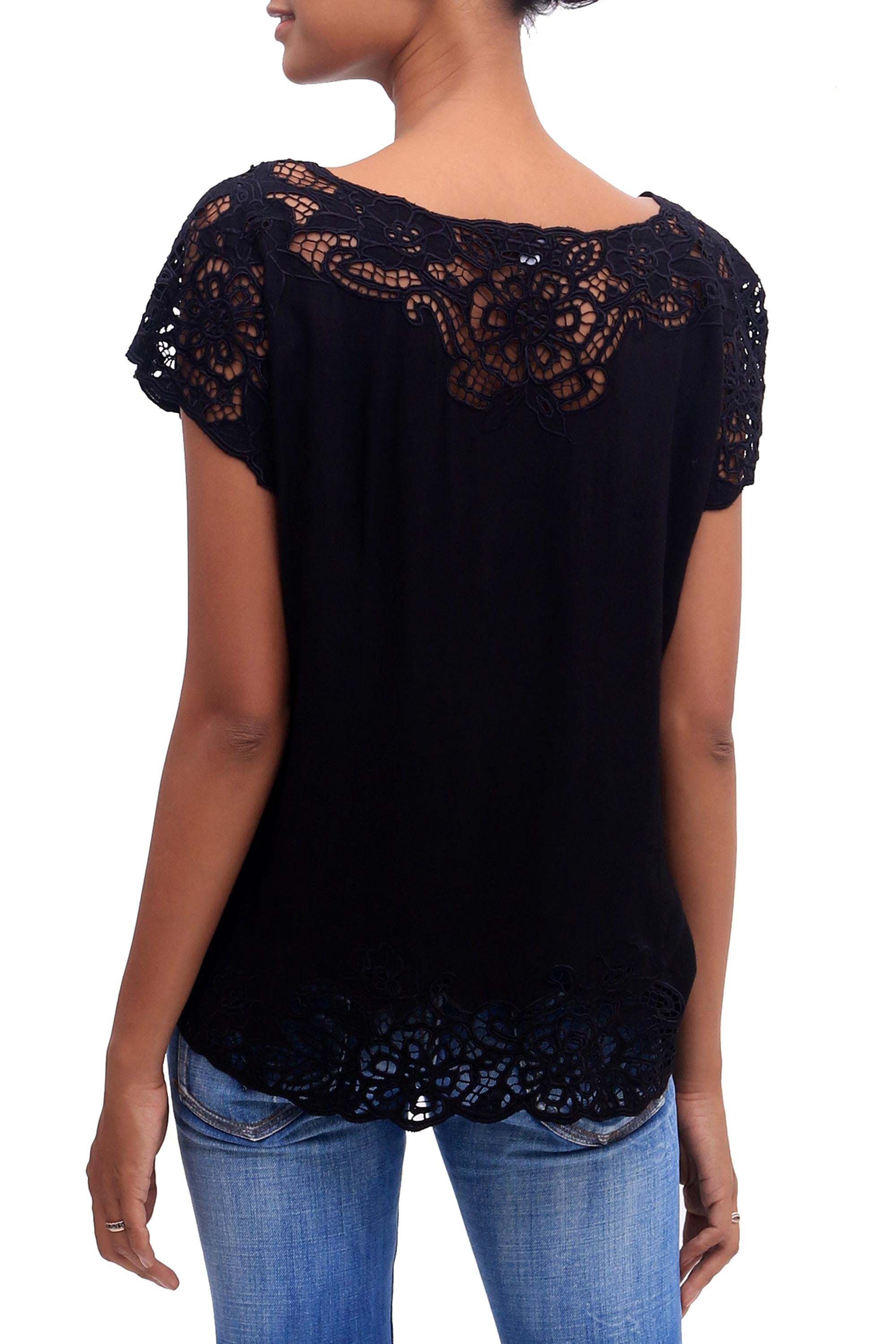 Onyx Kusuma Floral Embroidered Rayon Blouse in Onyx from Bali