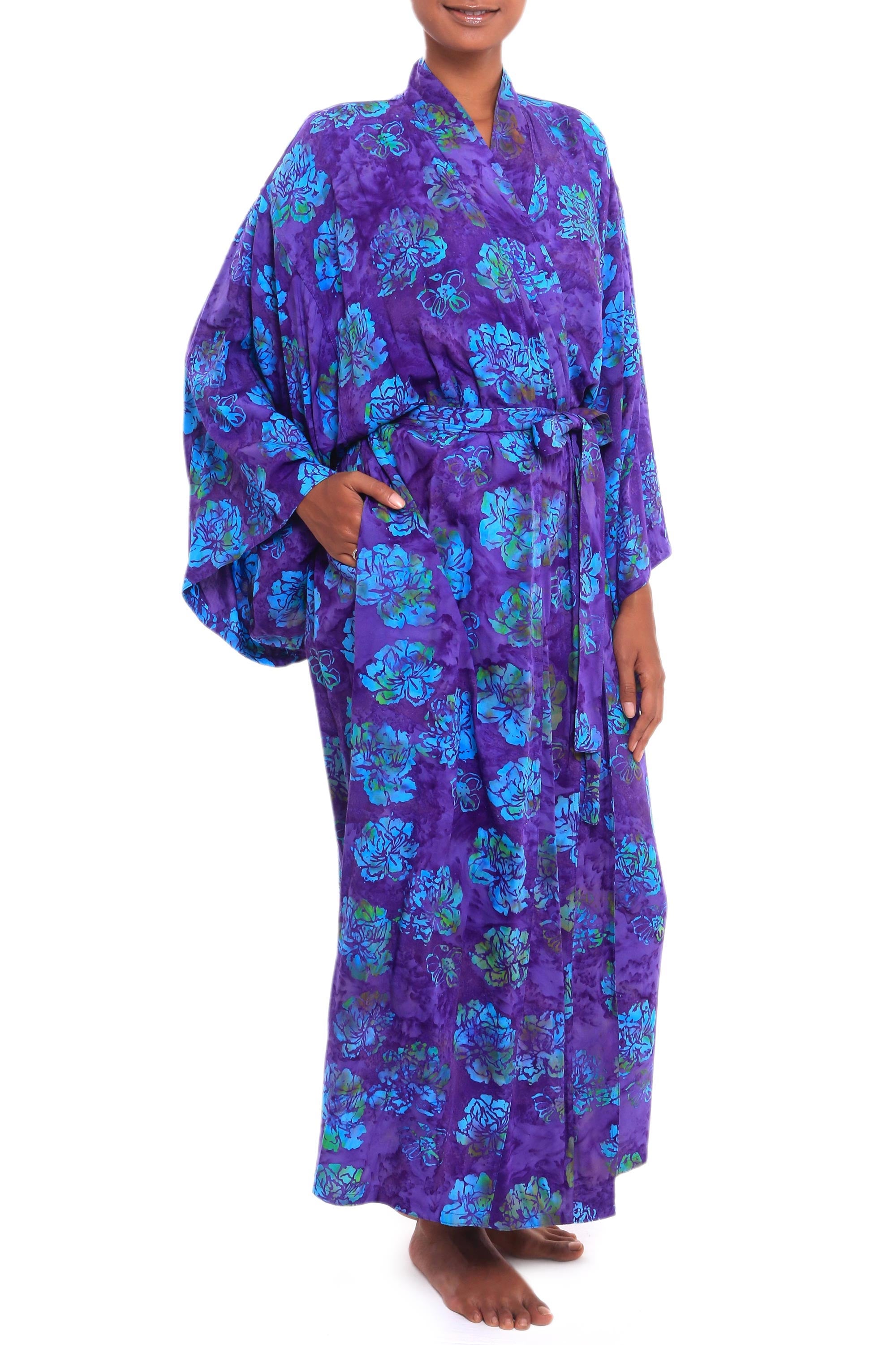 Daydream in Violet Purple Blue Batik Print Long Sleeved Rayon Robe with Belt