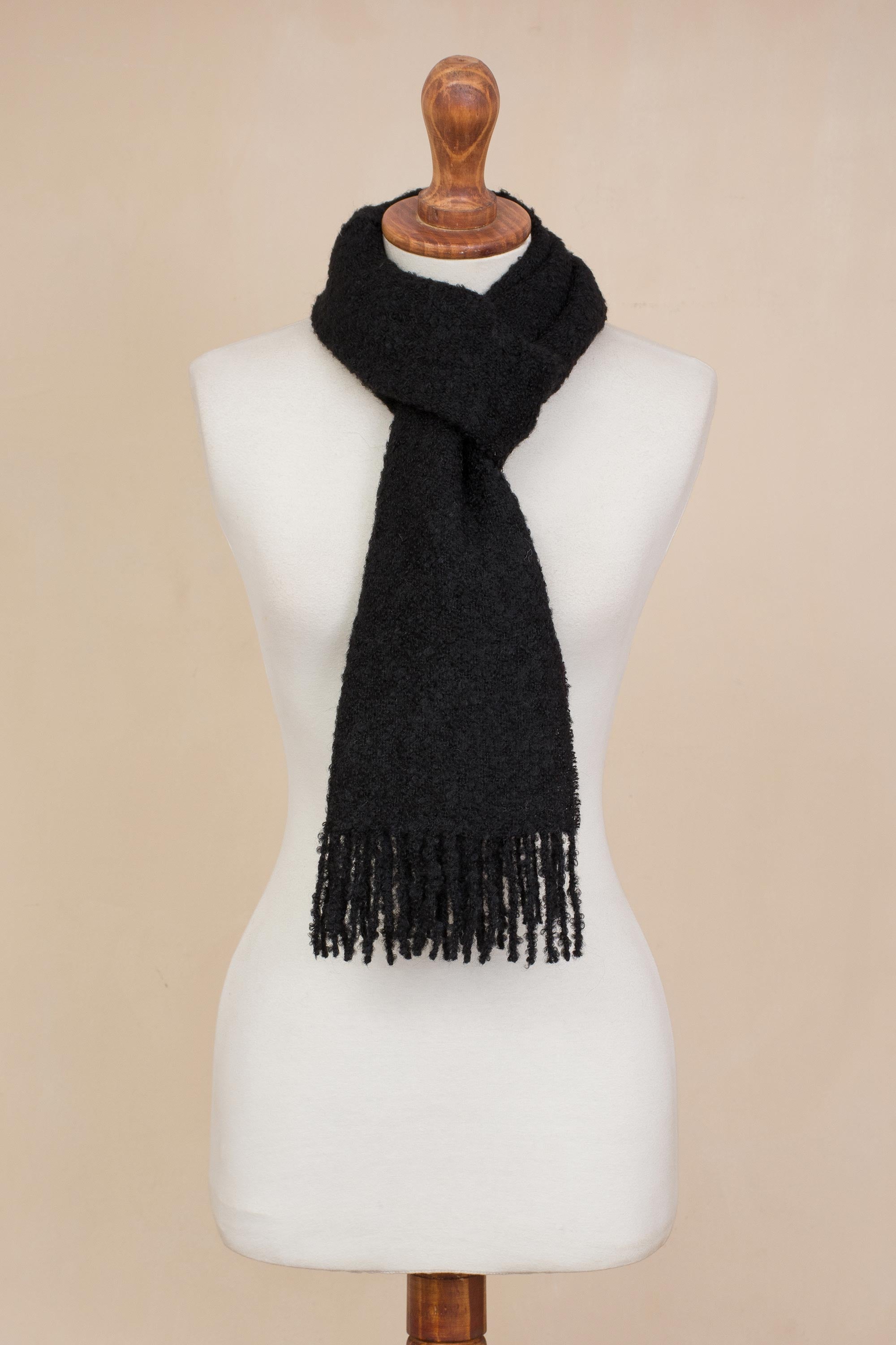 Andean Delight in Black 100% Alpaca Wrap Scarf in Solid Black from Peru