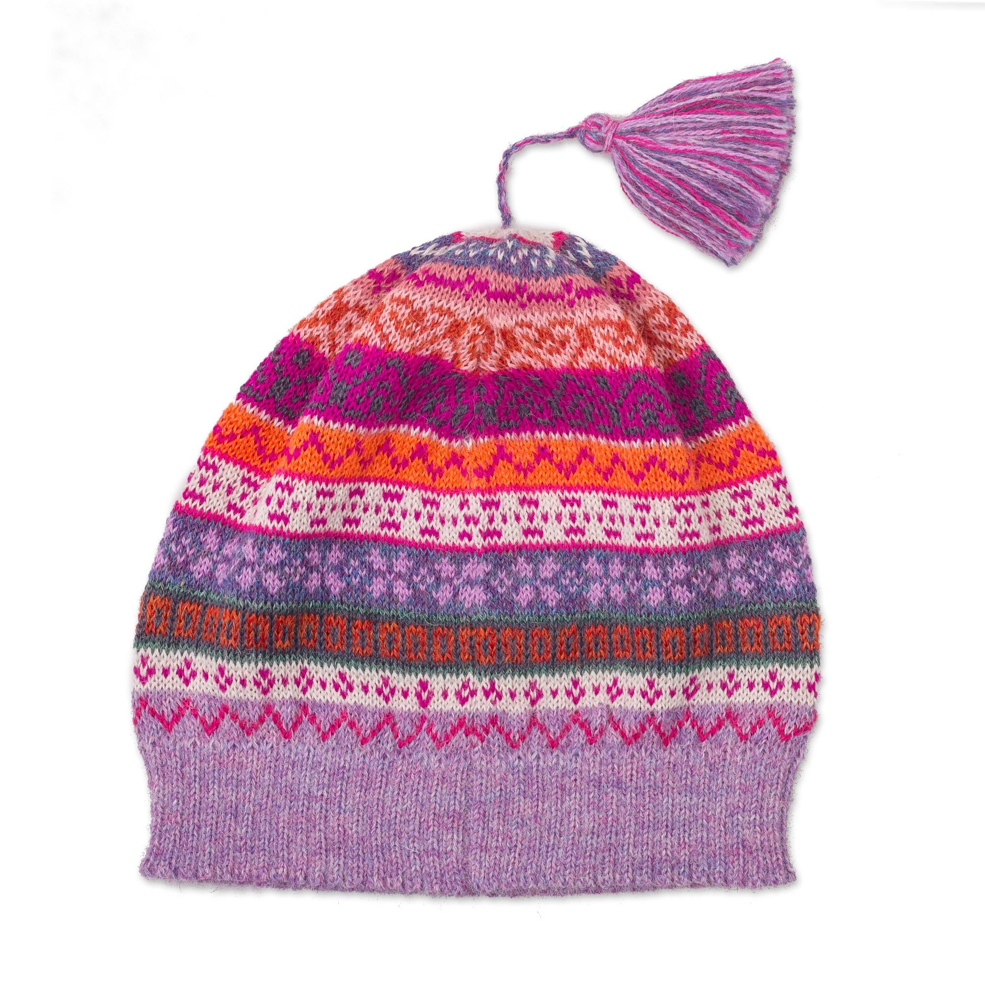 Inca Blooms Lilac and Fuchsia and Milk White 100% Alpaca Knit Hat