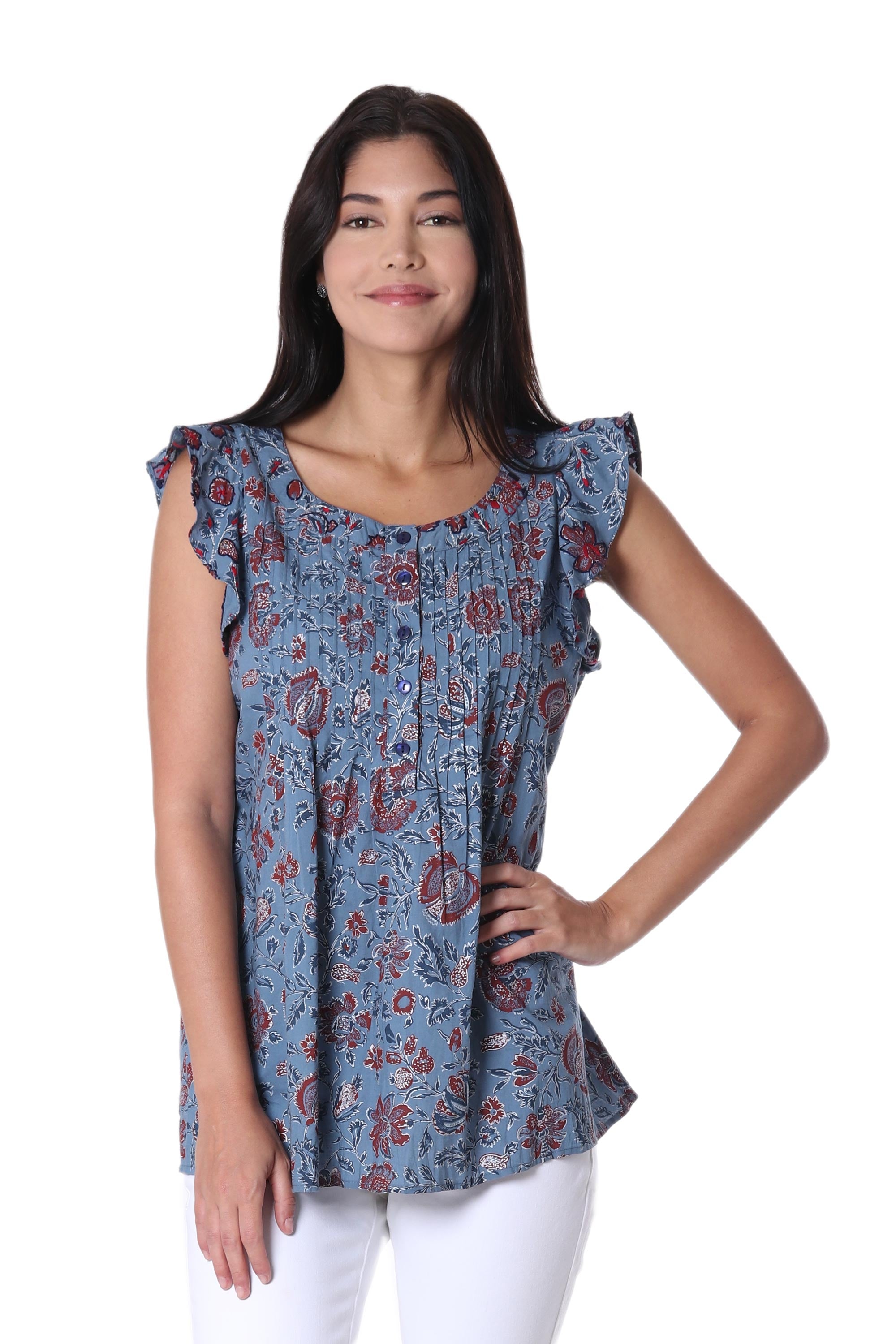 Garden Bliss Floral Printed Cotton Blouse in Cerulean from India