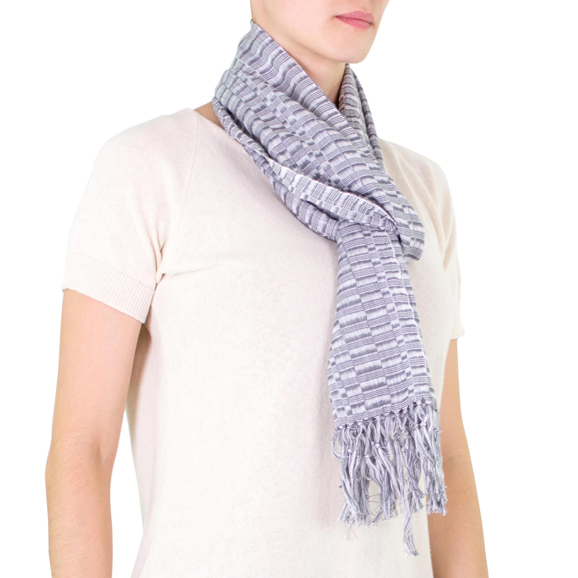 Antigua Mist Gray & White Handwoven Cotton Scarf