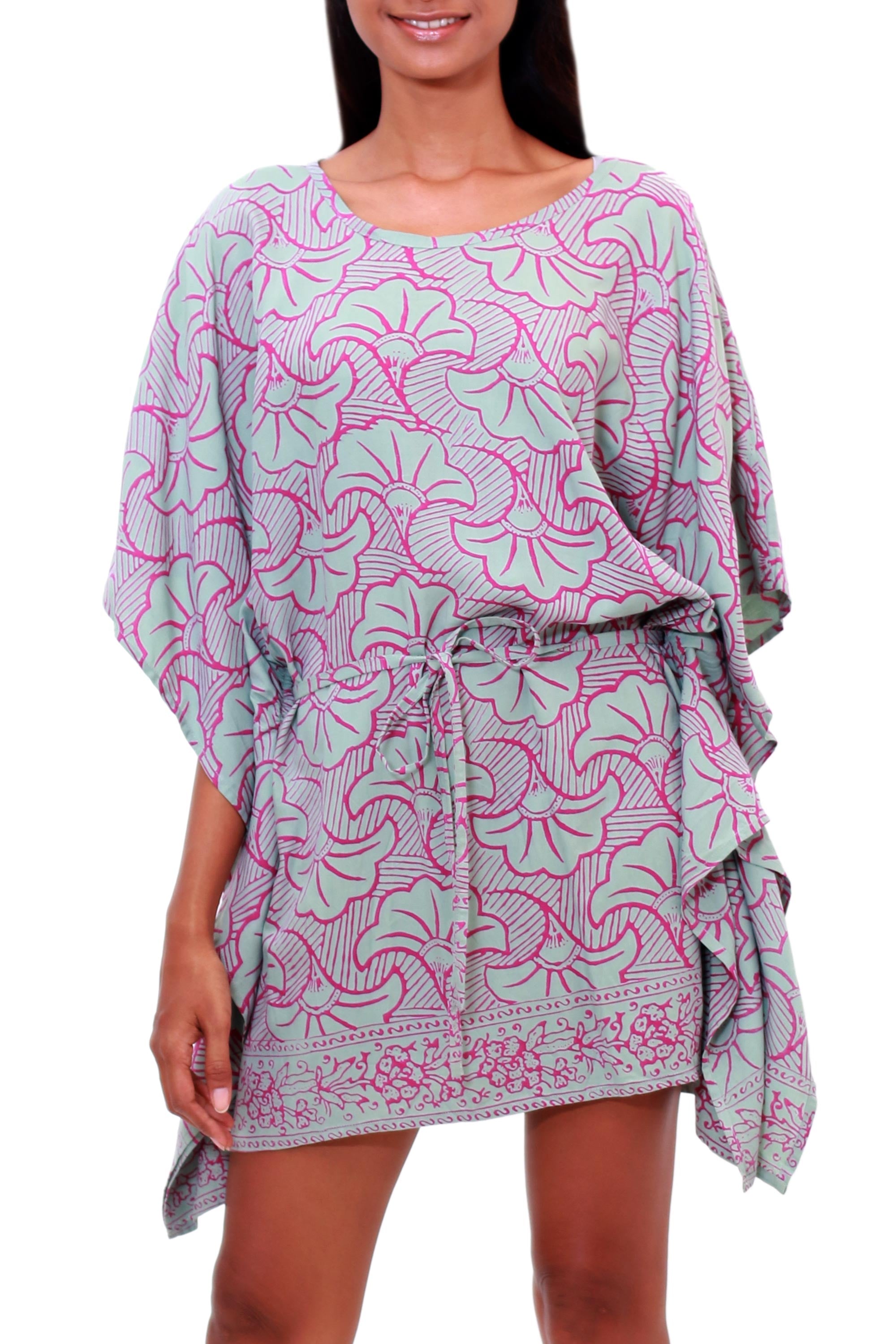 Gingko Leaf Batik Rayon Caftan in Mint and Magenta from Bali