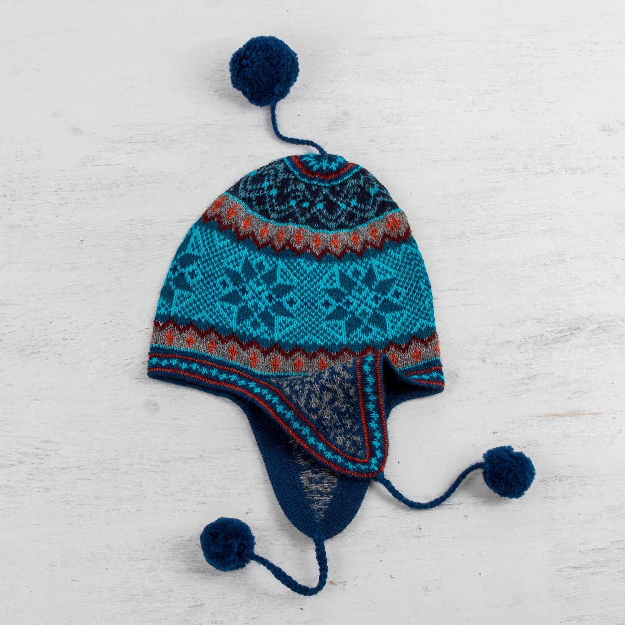 Andean Snowfall Alpaca Chullo Hat in Azure and Smoke from Peru