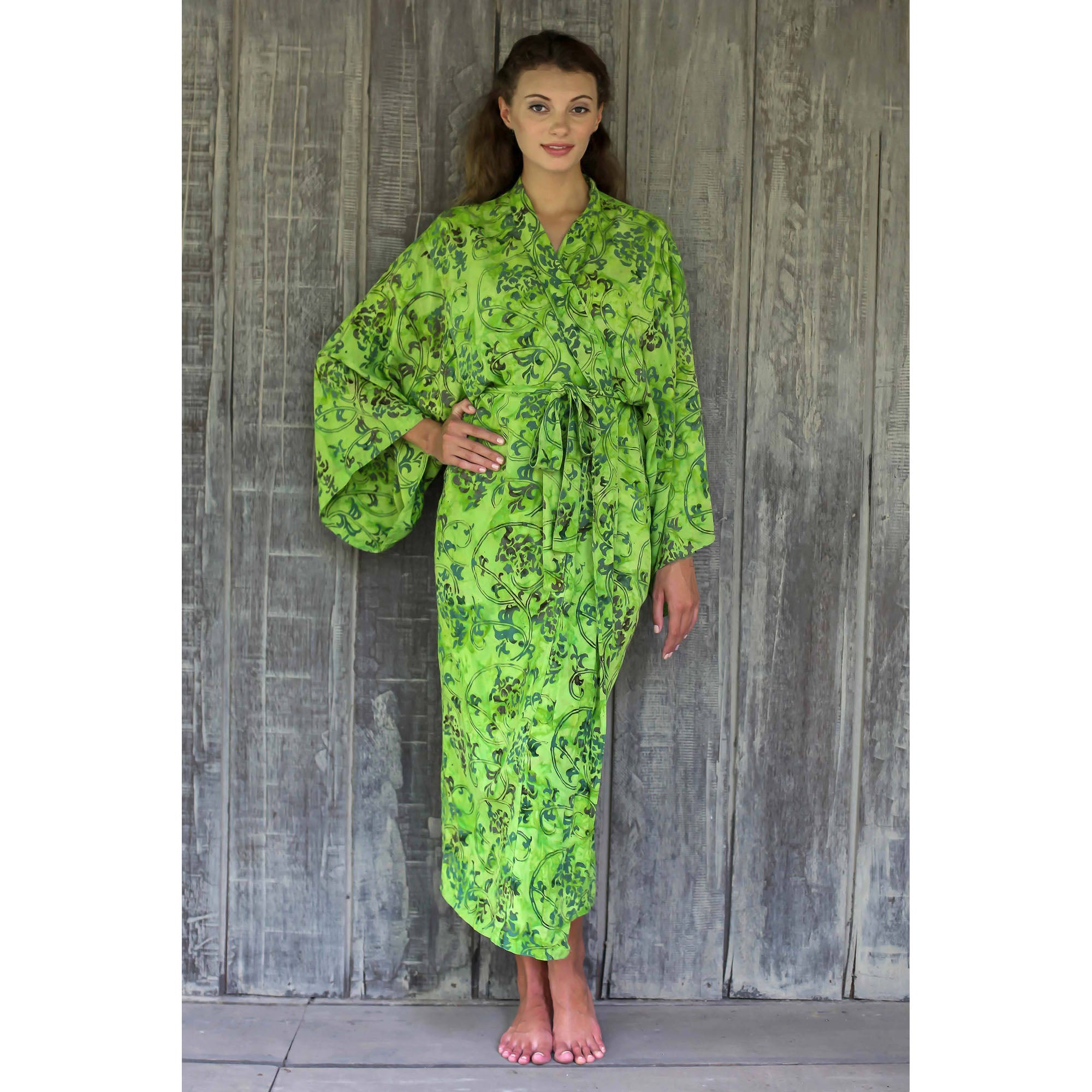 Emerald Forest Green Floral Batik Robe