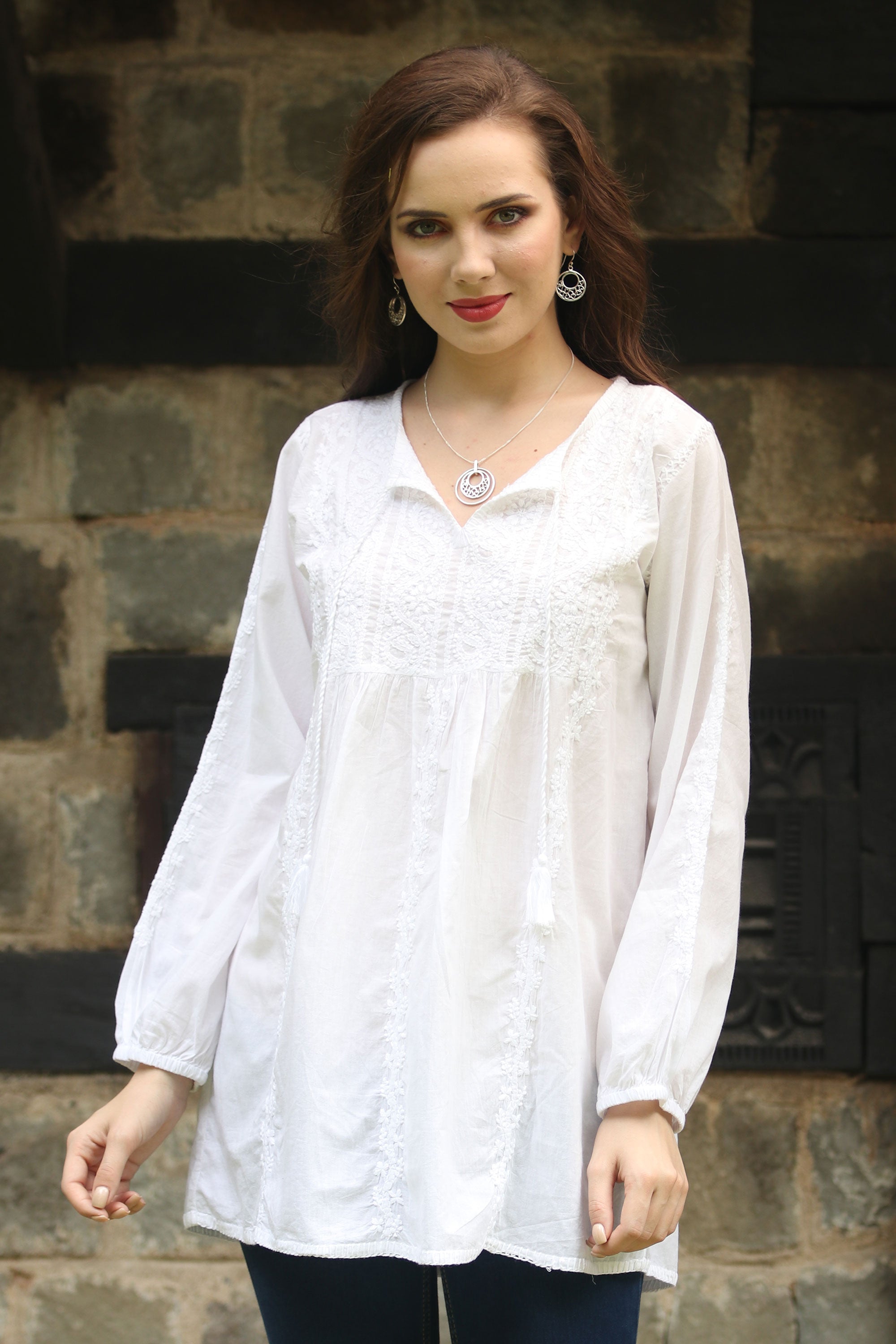 Gorgeous Chikankari Hand-Embroidered Cotton Tunic in White from India