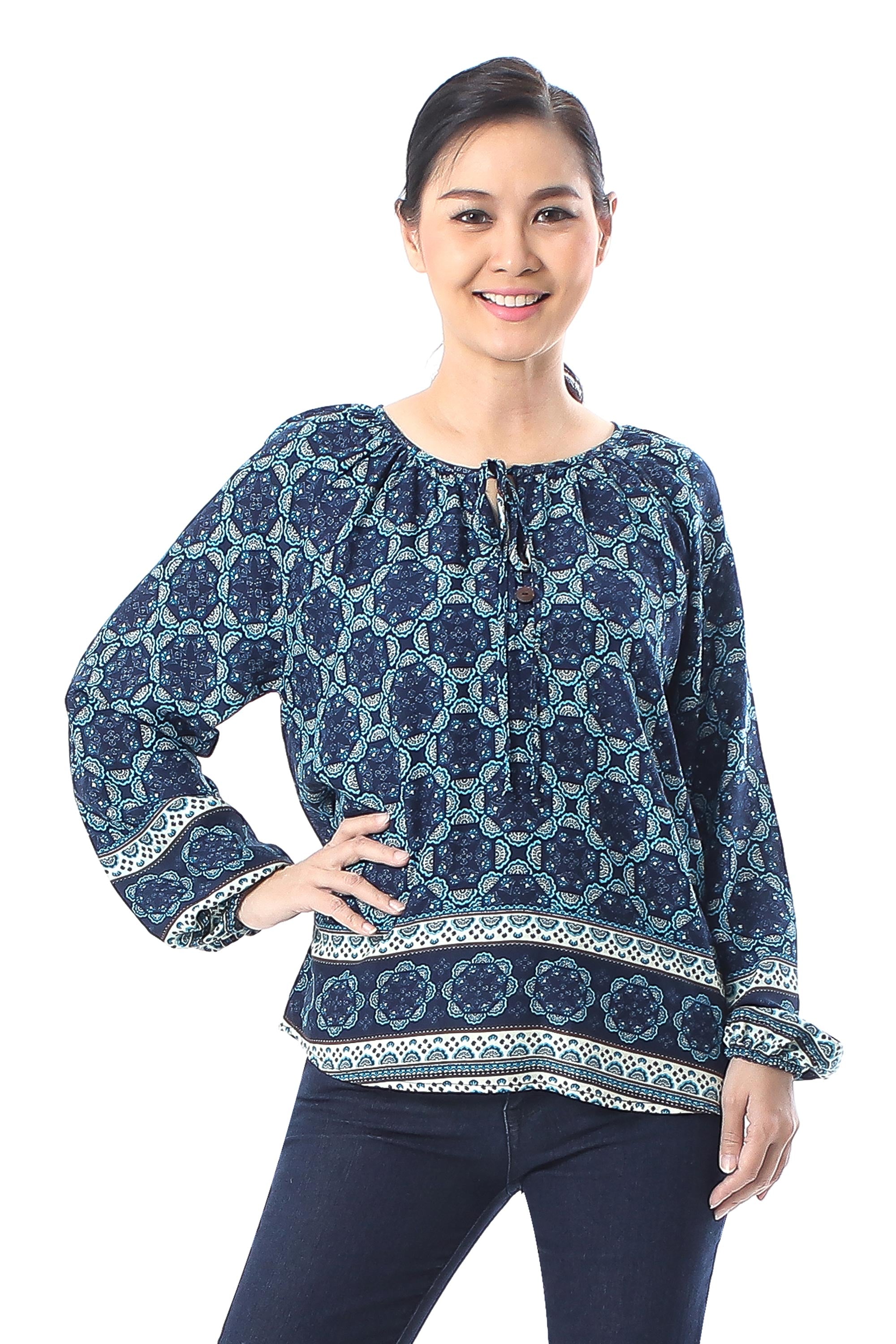 Fascinating Evening Floral Motif Rayon Blouse in Blue from Thailand