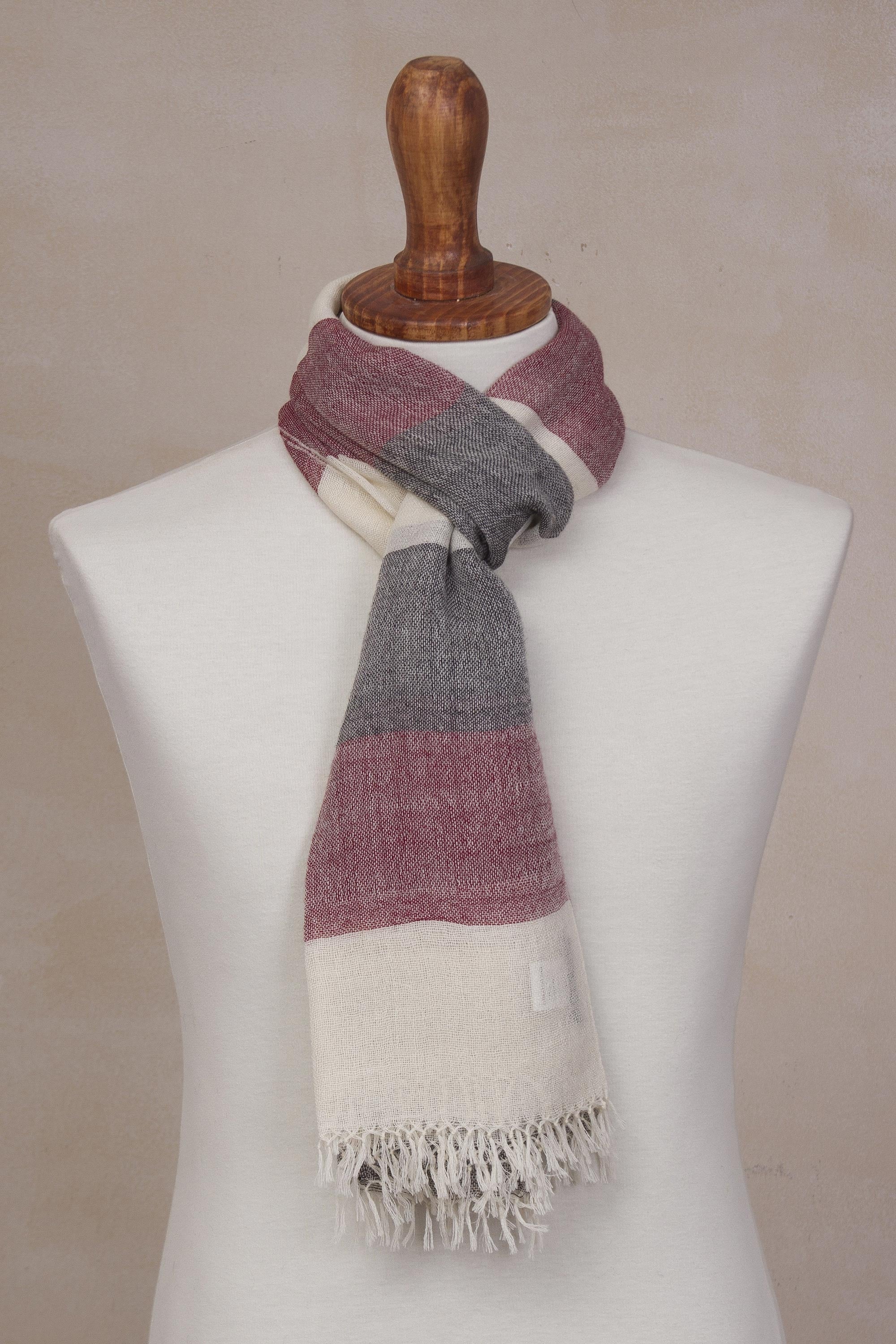 Favorite Cabernet 100% Alpaca Wool Dark Red Off White and Black Striped Scarf