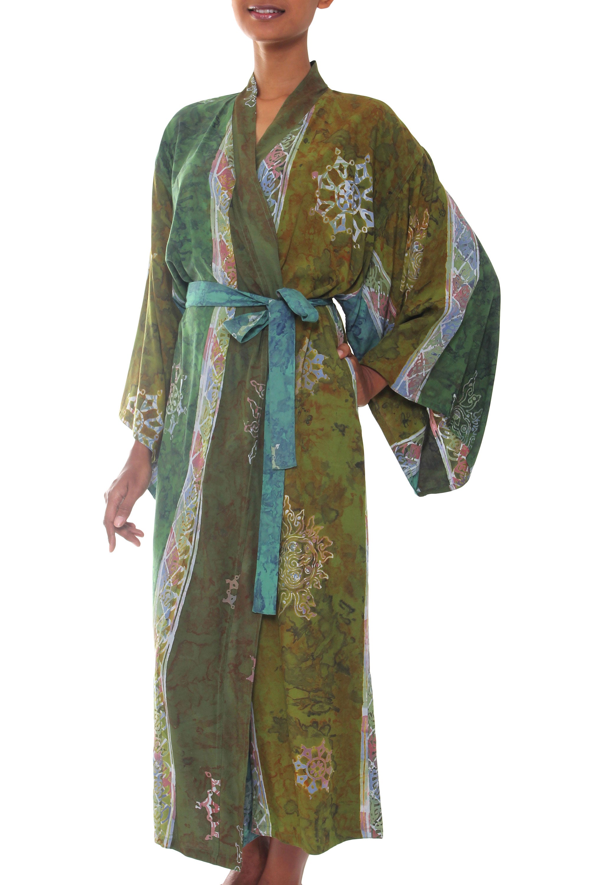 Pancaroba Handmade Batik Women's Robe from Bali in Shades of Green