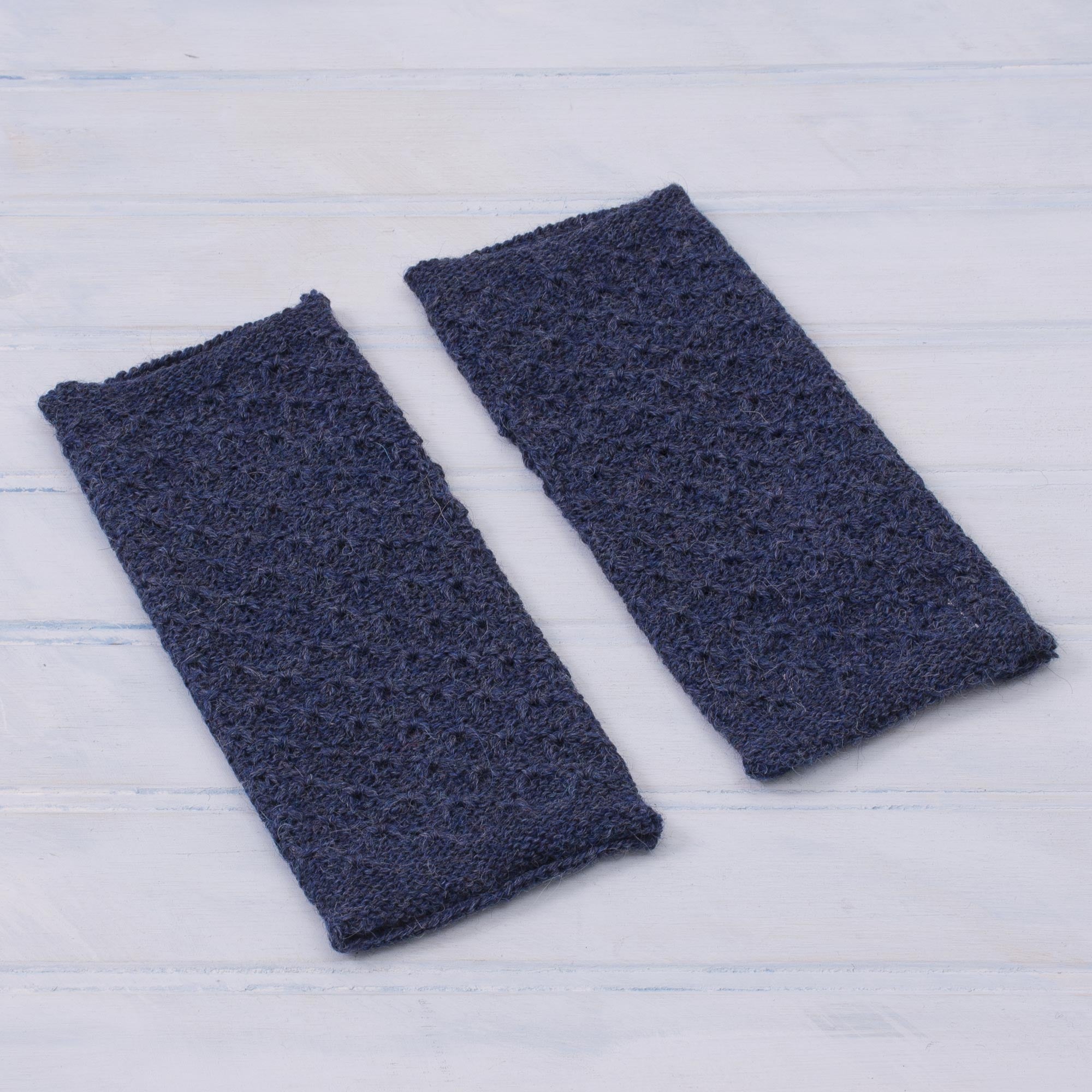 Passionate Pattern in Indigo Patterned 100% Baby Alpaca Fingerless Mitts from Peru