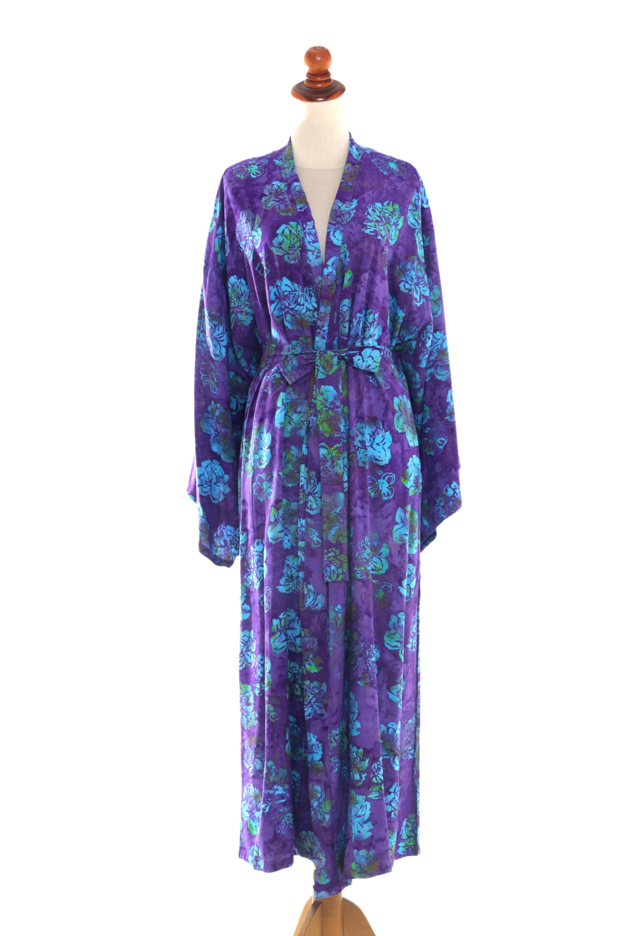 Daydream in Violet Purple Blue Batik Print Long Sleeved Rayon Robe with Belt