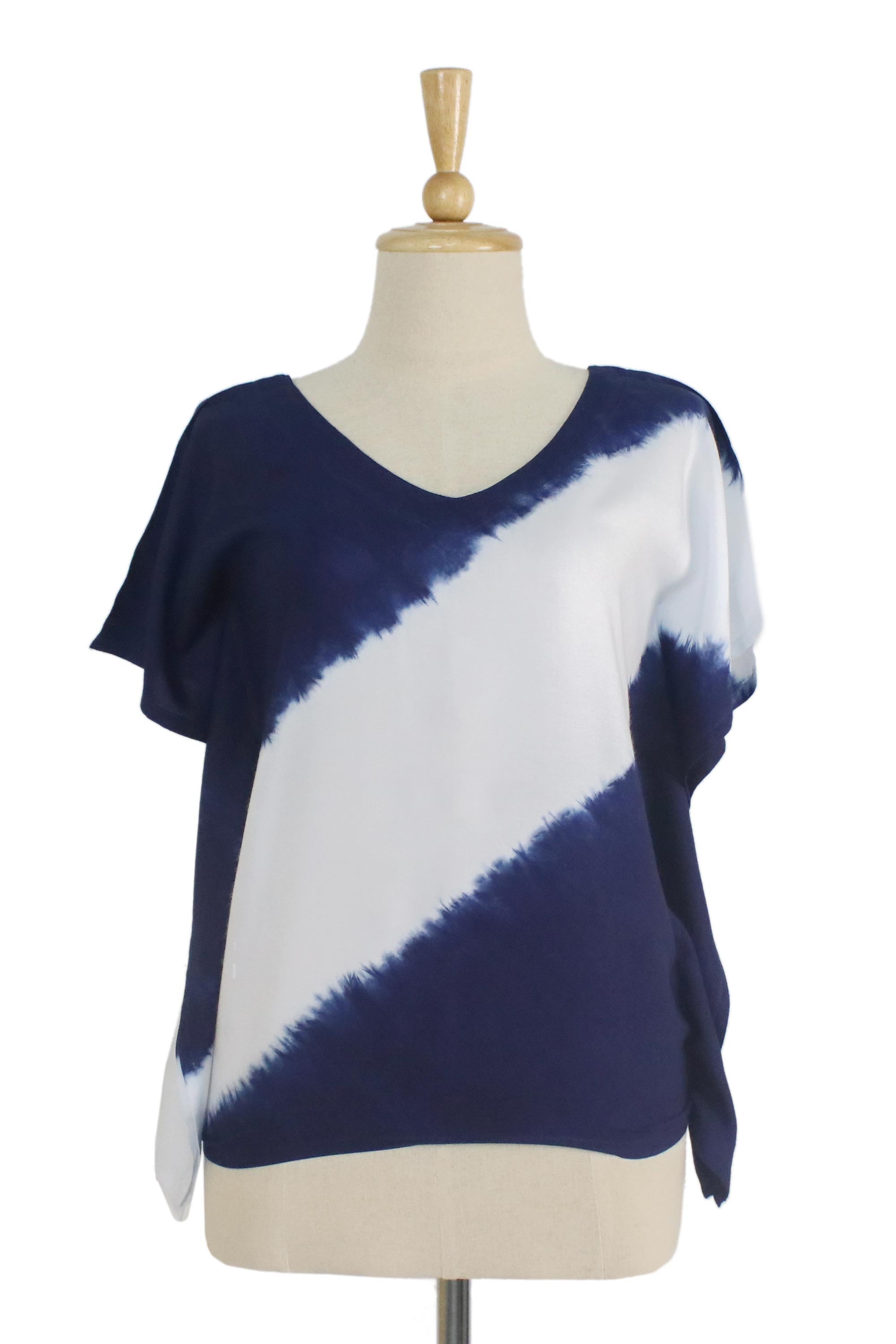 Soar Indigo Diagonal Stripe Tie-Dye Short Sleeve Cotton Blouse