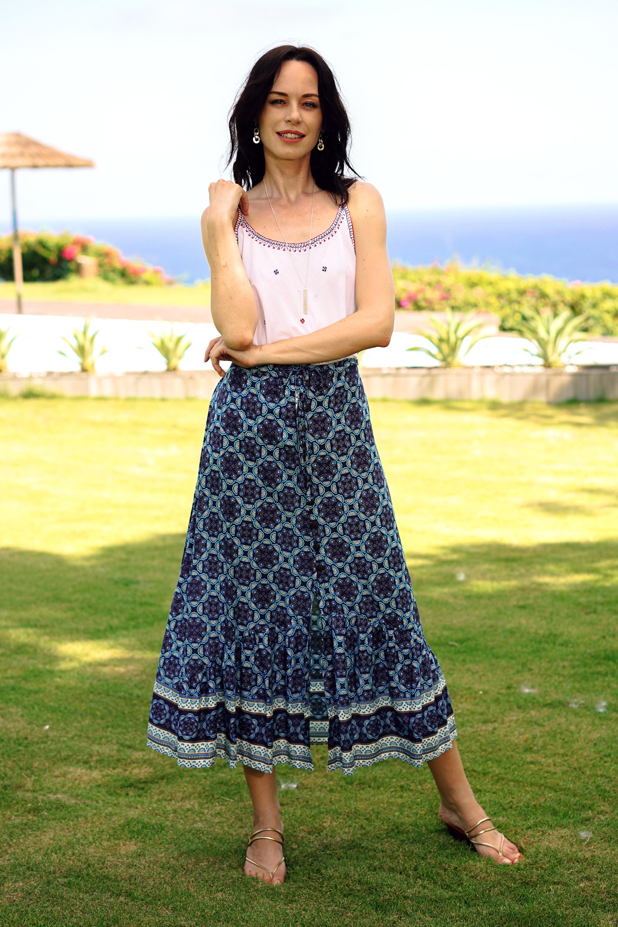 Fascinating Evening Floral Motif Rayon Skirt in Blue from Thailand