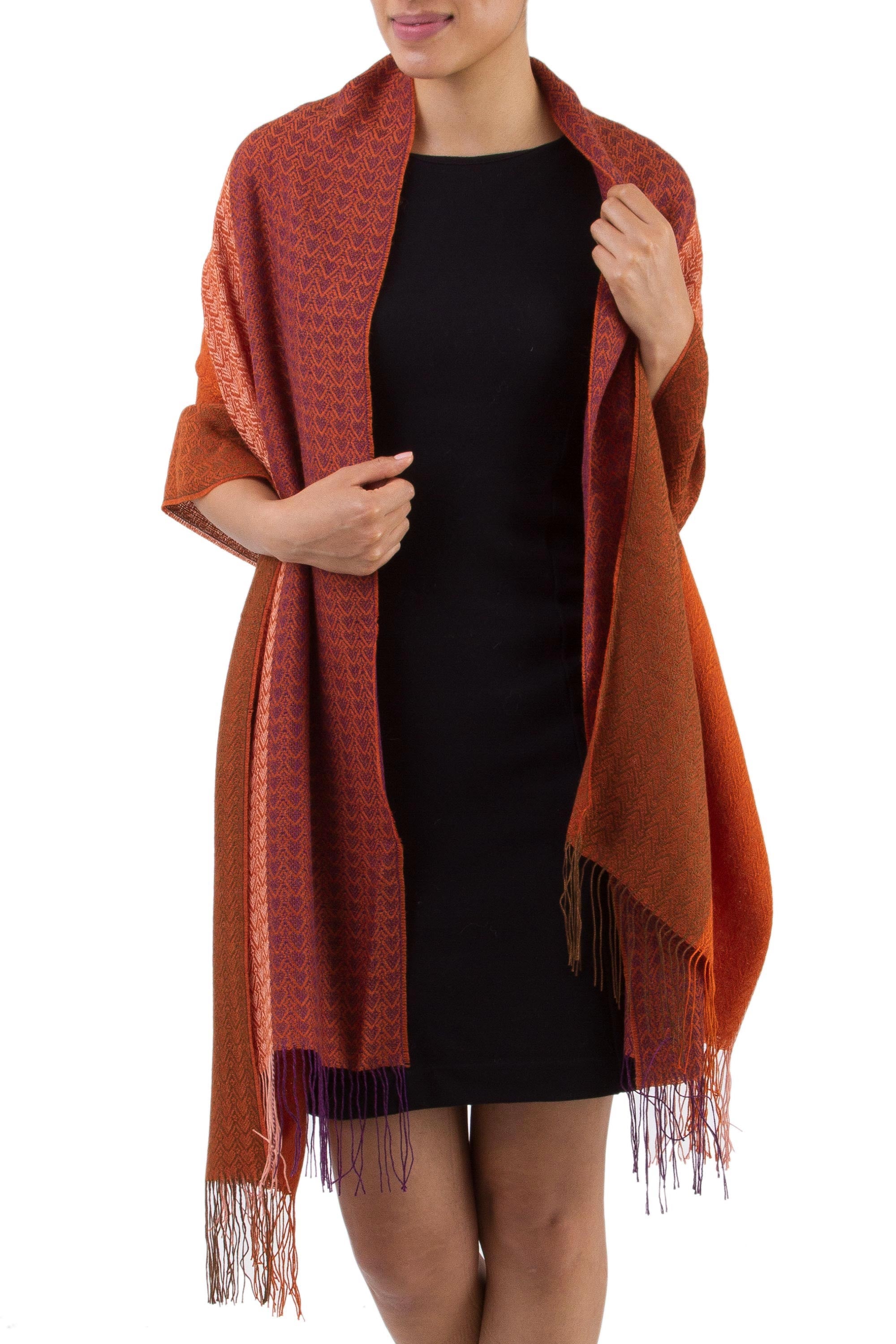 Blazing Warmth Handwoven Red and Orange Baby Alpaca Blend Shawl from Peru