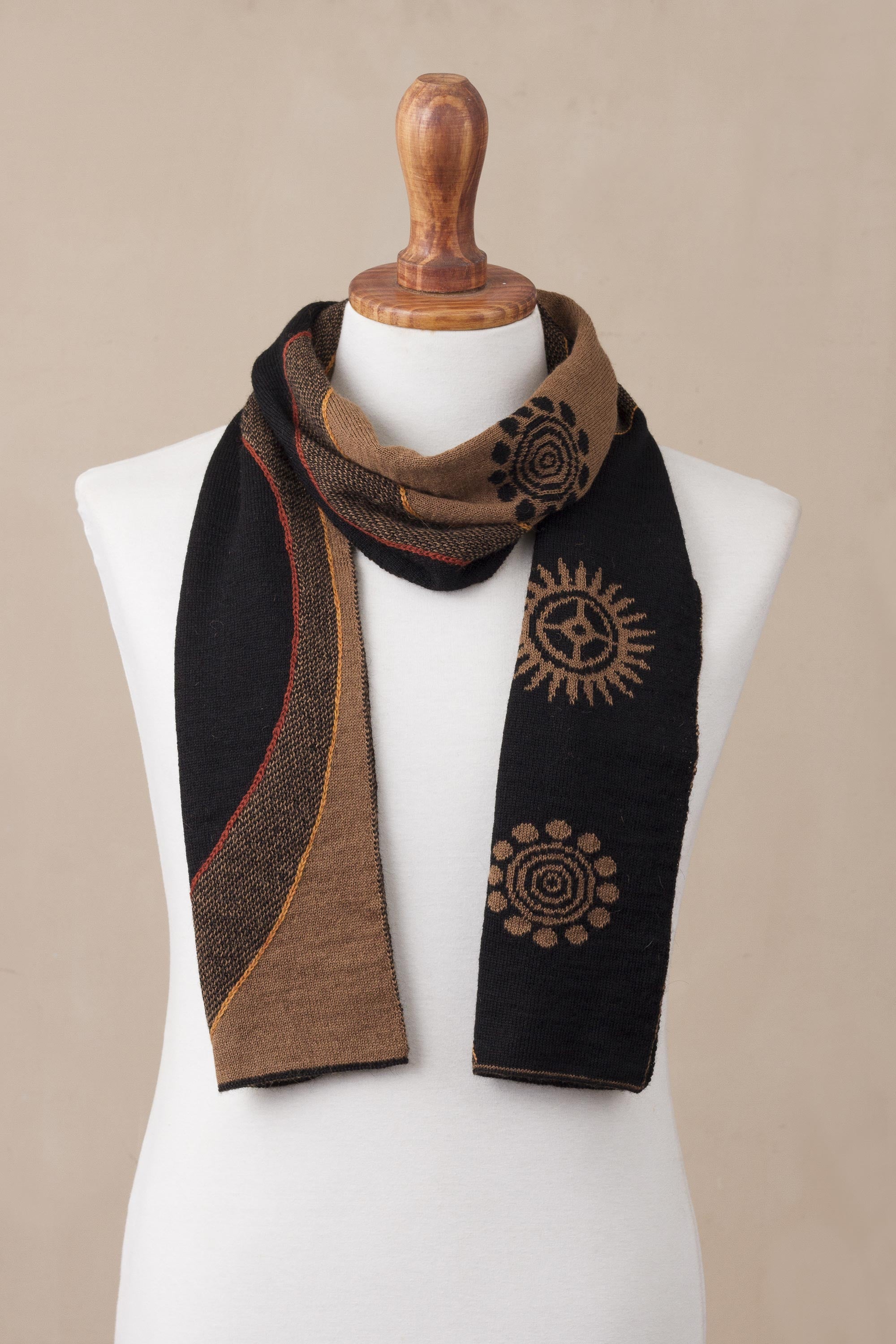 Sepia and Black Cosmovision Reversible Sepia and Black Sun Motif Alpaca Blend Scarf