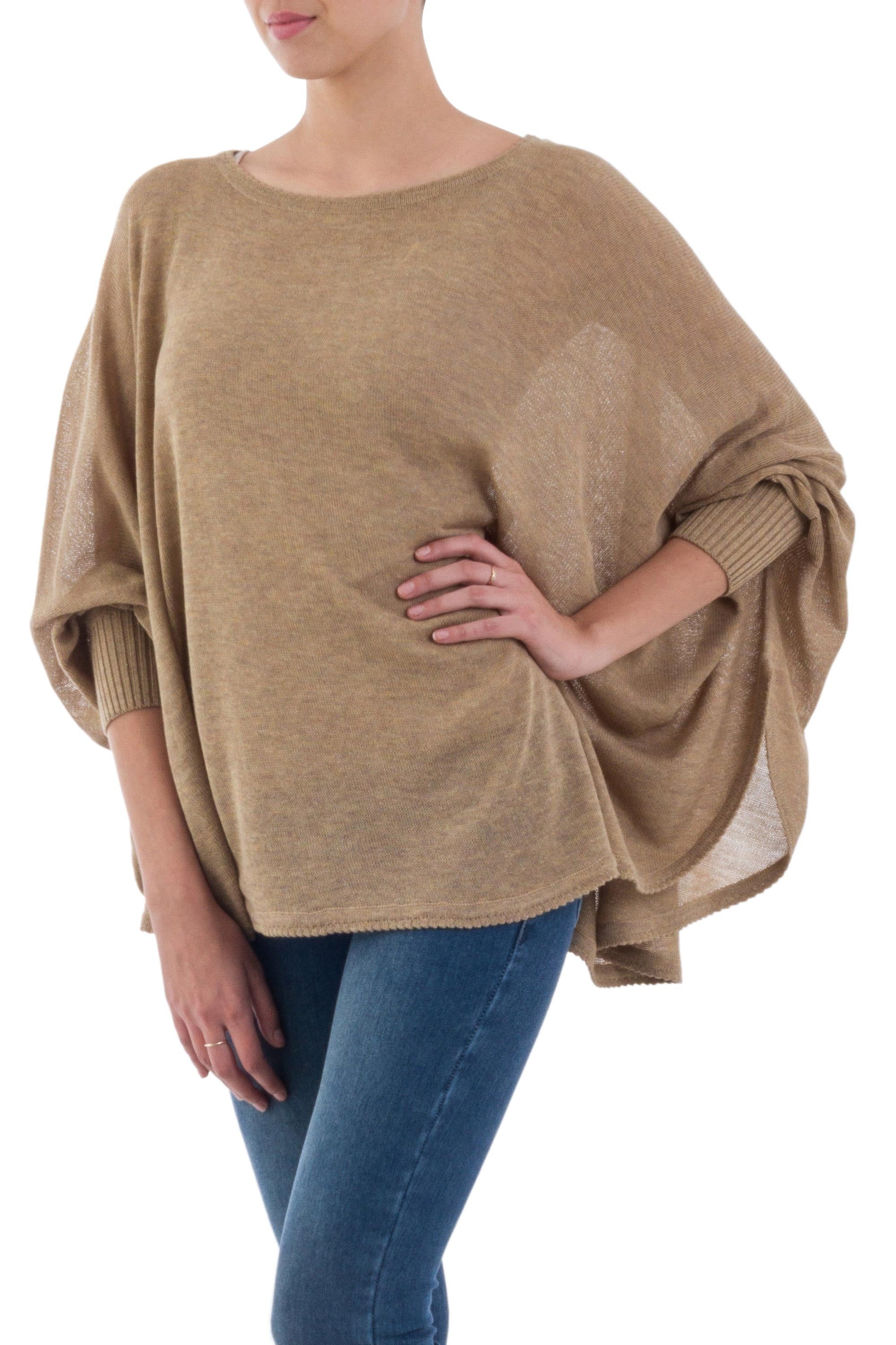 Coastal Breeze Soft Knit Bohemian Style Light Tan Drape Sweater from Peru