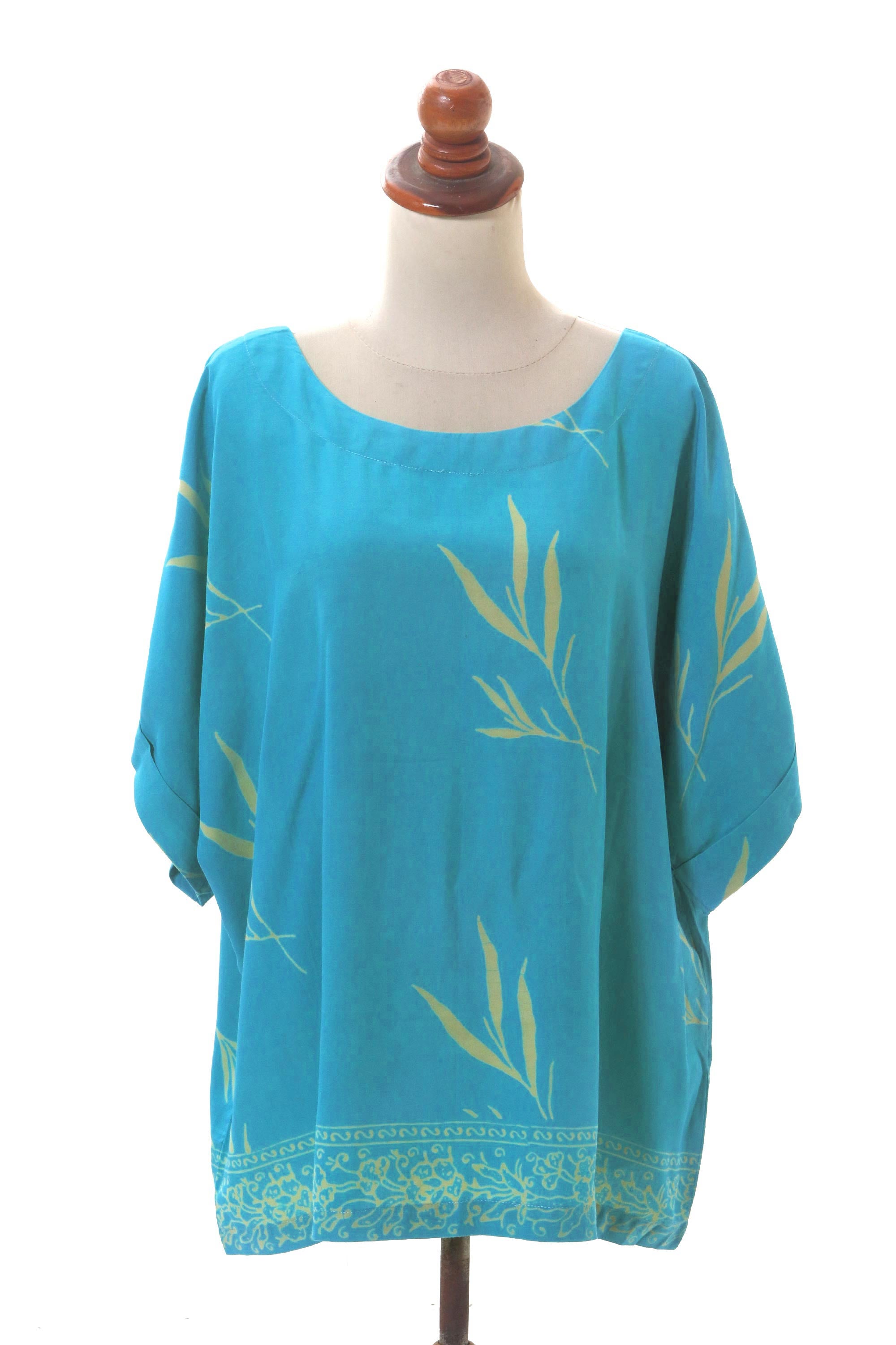 Balinese Breeze in Turquoise Batik Rayon Blouse in Turquoise and Lemon from Bali