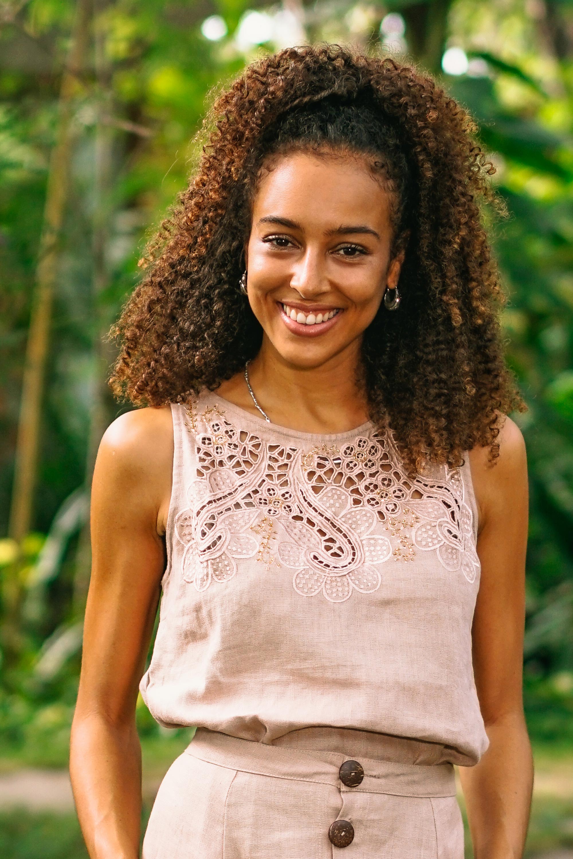 Juicy Fruit in Natural Balinese Embroidered Linen Blouse