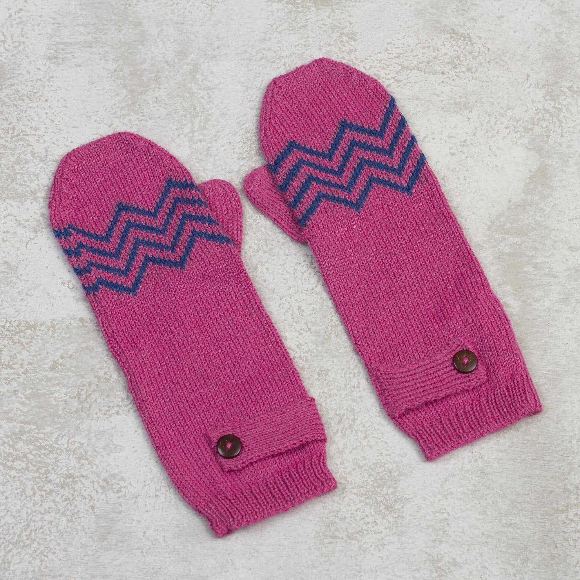 Zigzag Warmth in Delft Blue Alpaca Blend Mittens in Rose and Delft Blue from Peru