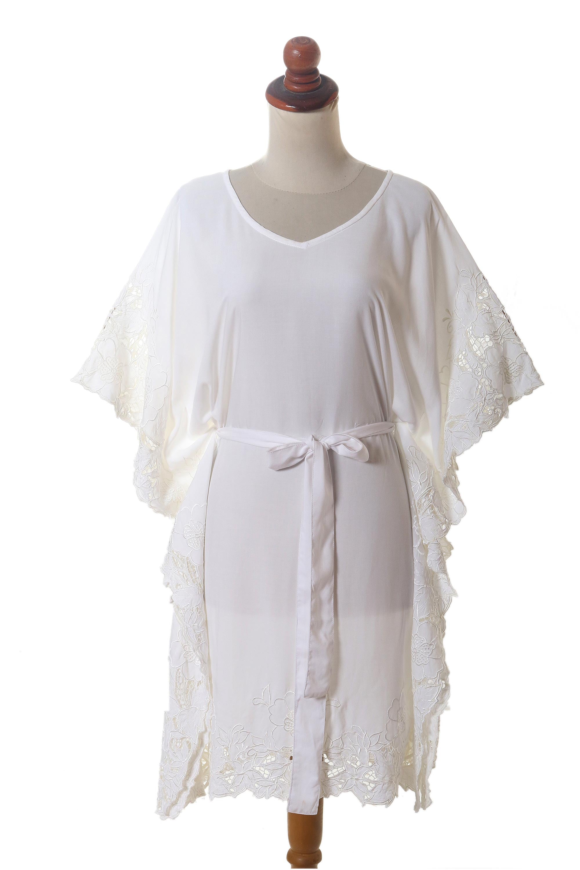 Goddess in White Lacy Belted White Rayon Caftan from Bali