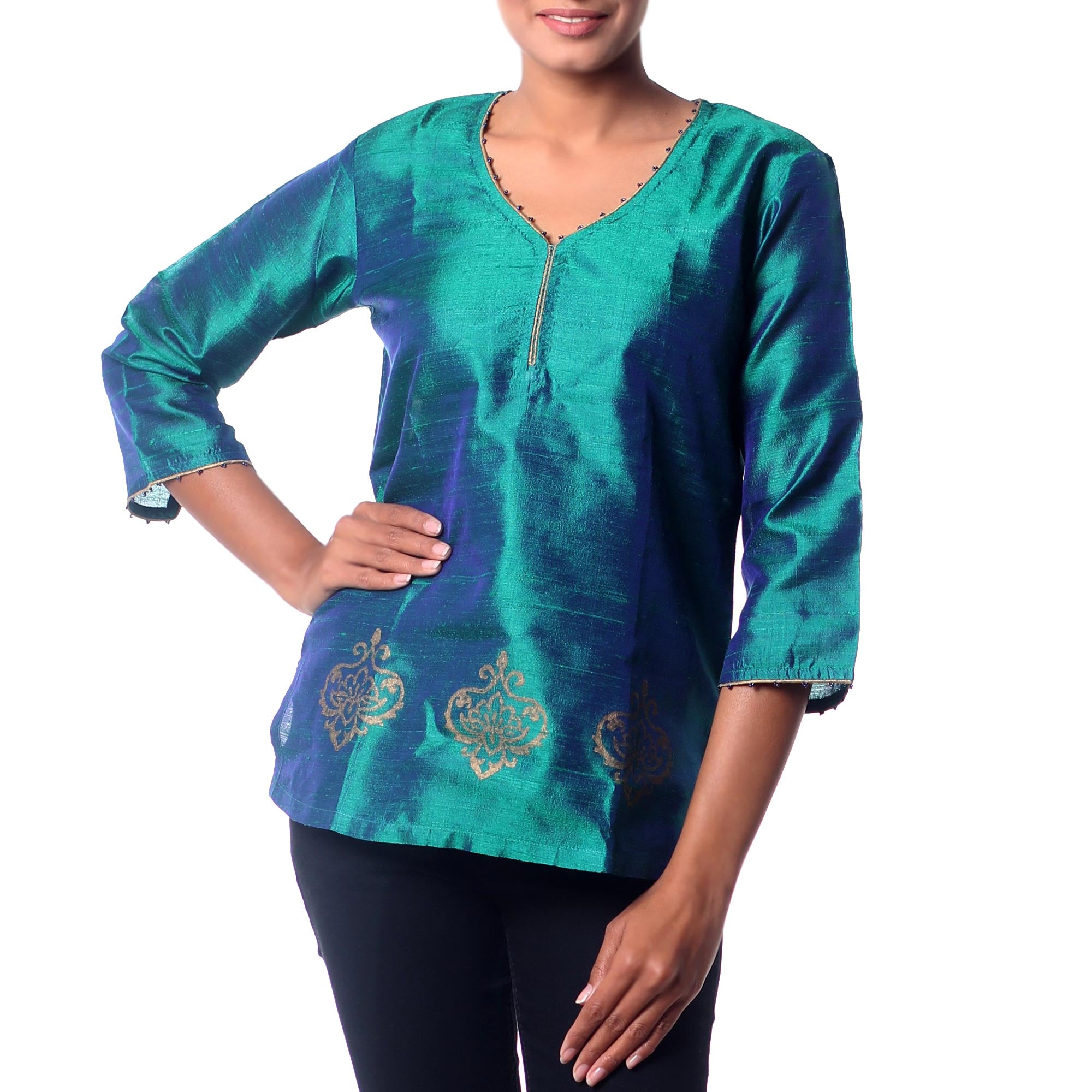 Emerald Empress Blue & Green Beaded Silk Tunic