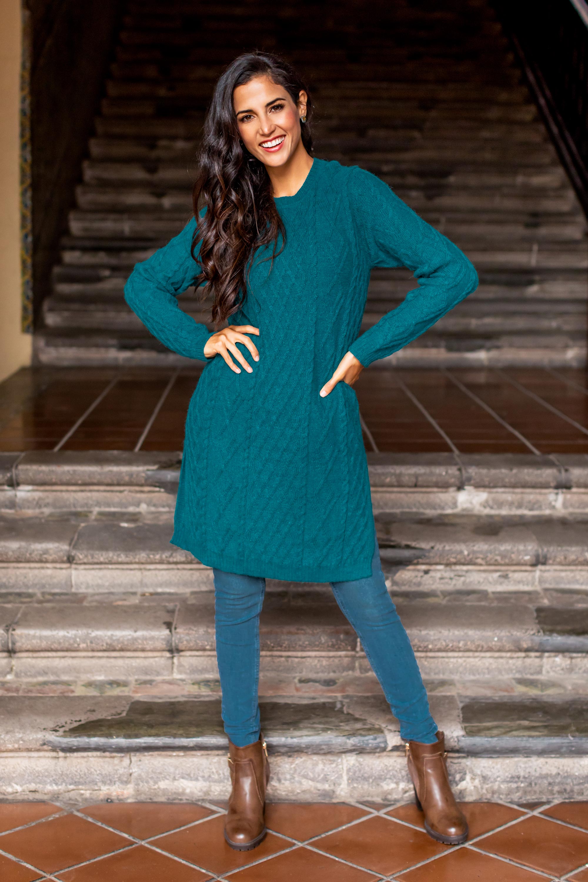 Winter Teal Baby Alpaca Teal Cable Knit Tunic Sweater Dress