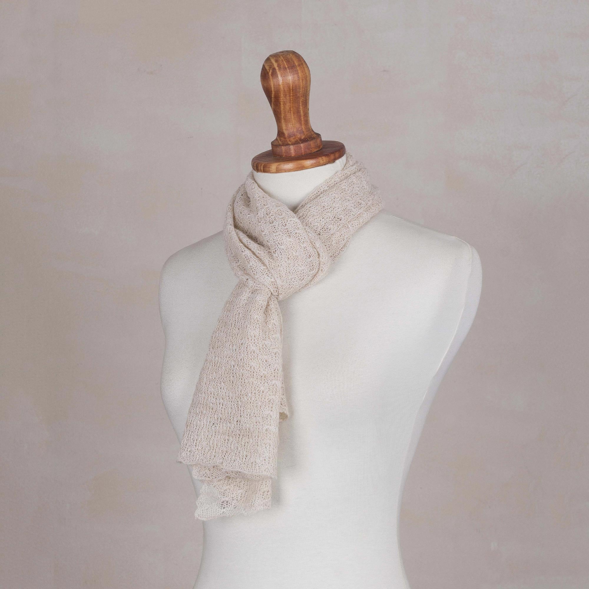 Champagne Gossamer Textured 100% Baby Alpaca Wrap Scarf in Champagne from Peru