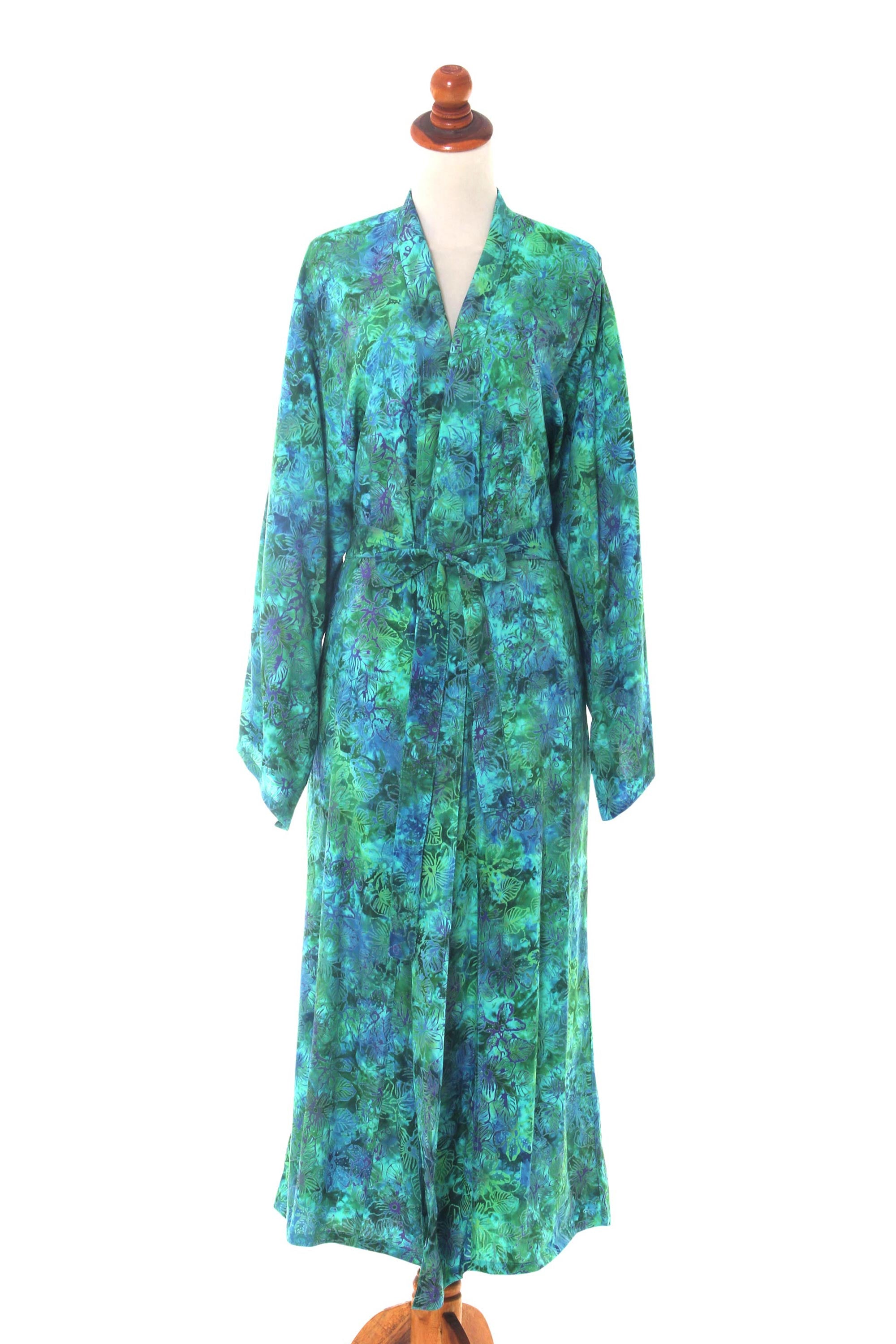 Ocean Jungle Green and Blue Tie-Dye and Batik Rayon Belted Robe