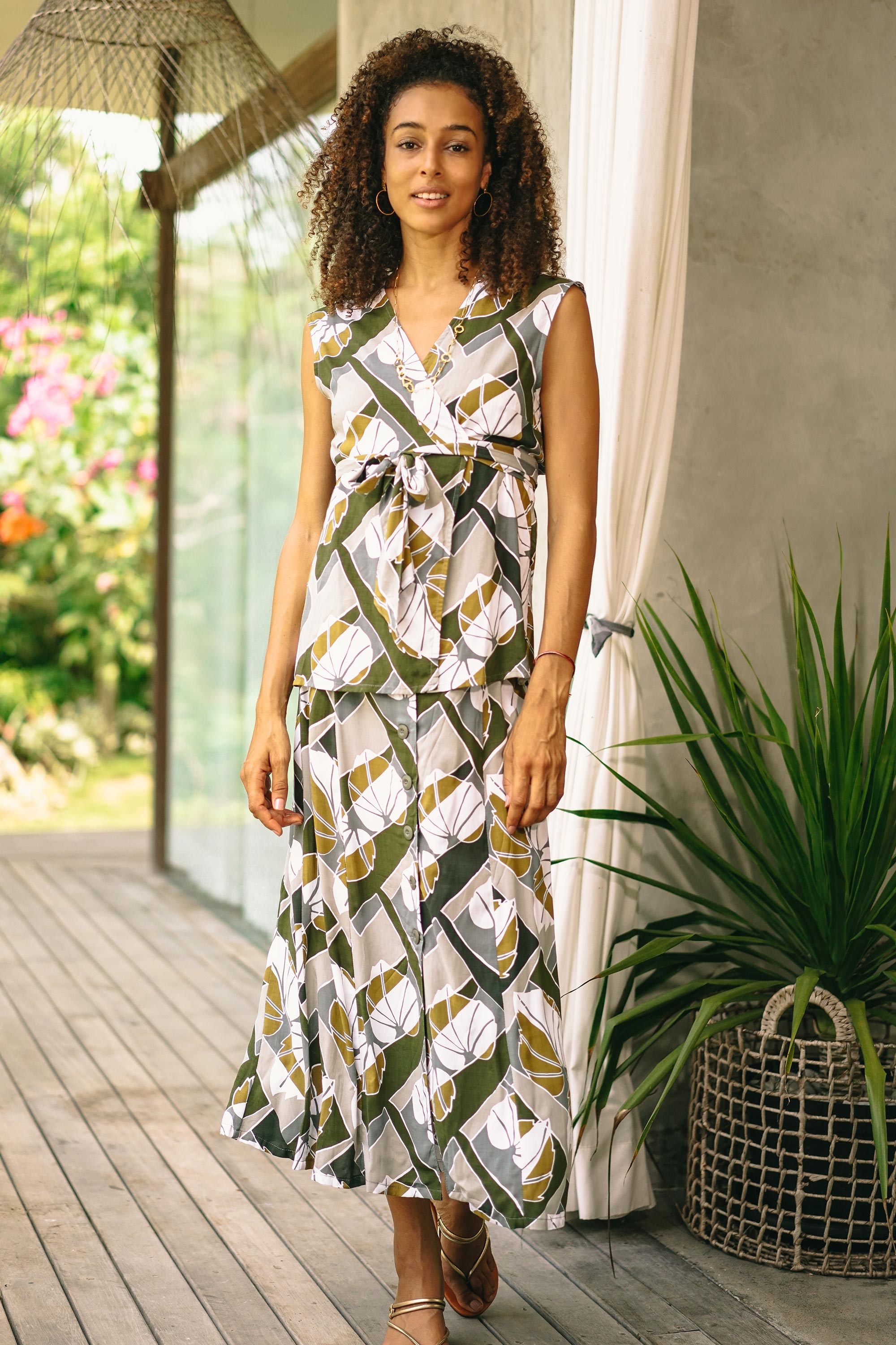 Garden Party Handmade Leaf-Themed Rayon Wrap Blouse from Bali