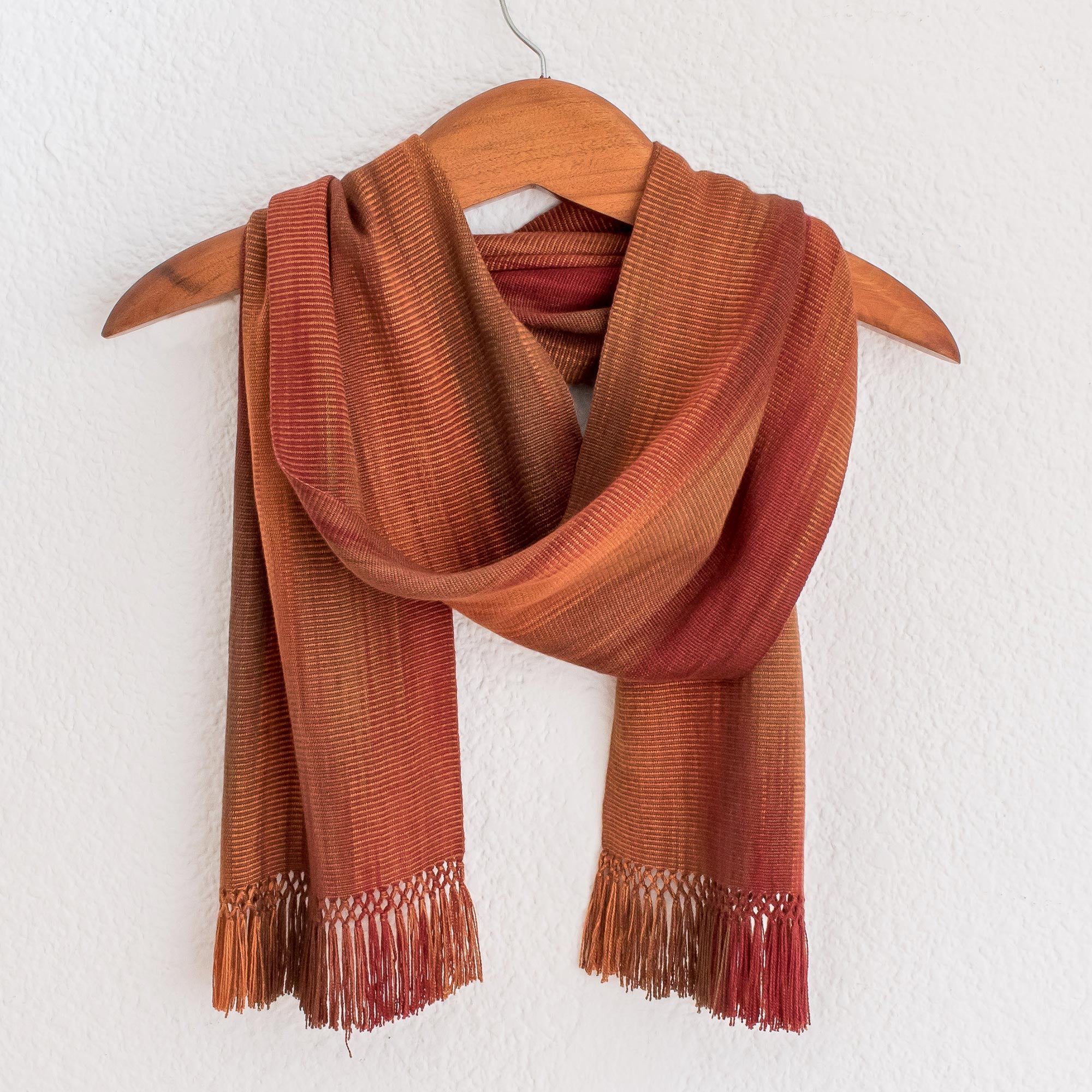 Solola Dawn Orange Brown Maroon Hand Woven Rayon Chenille Scarf