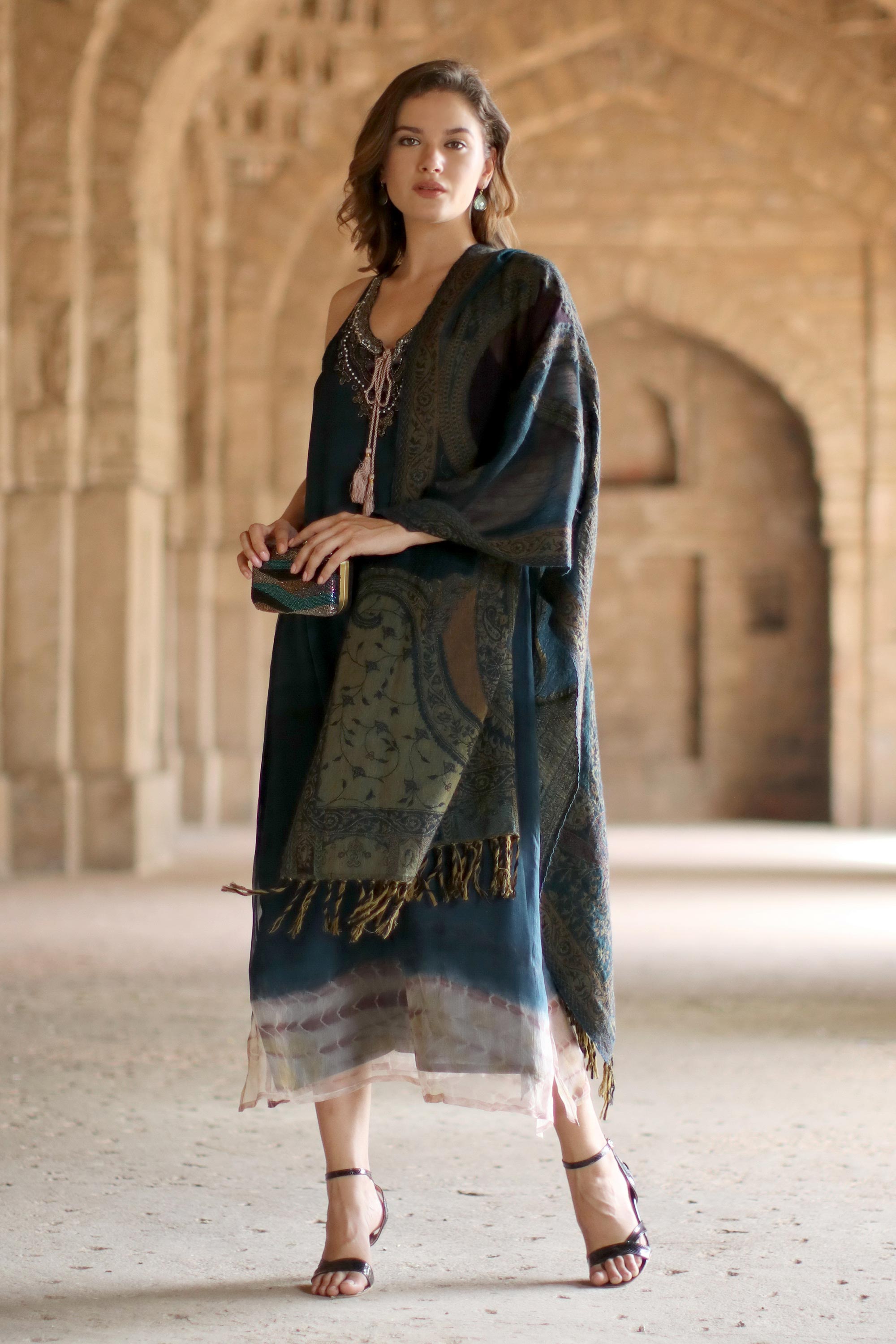 Himalayan Heirloom in Teal Handwoven Jamawar Wool Shawl in Teal from India